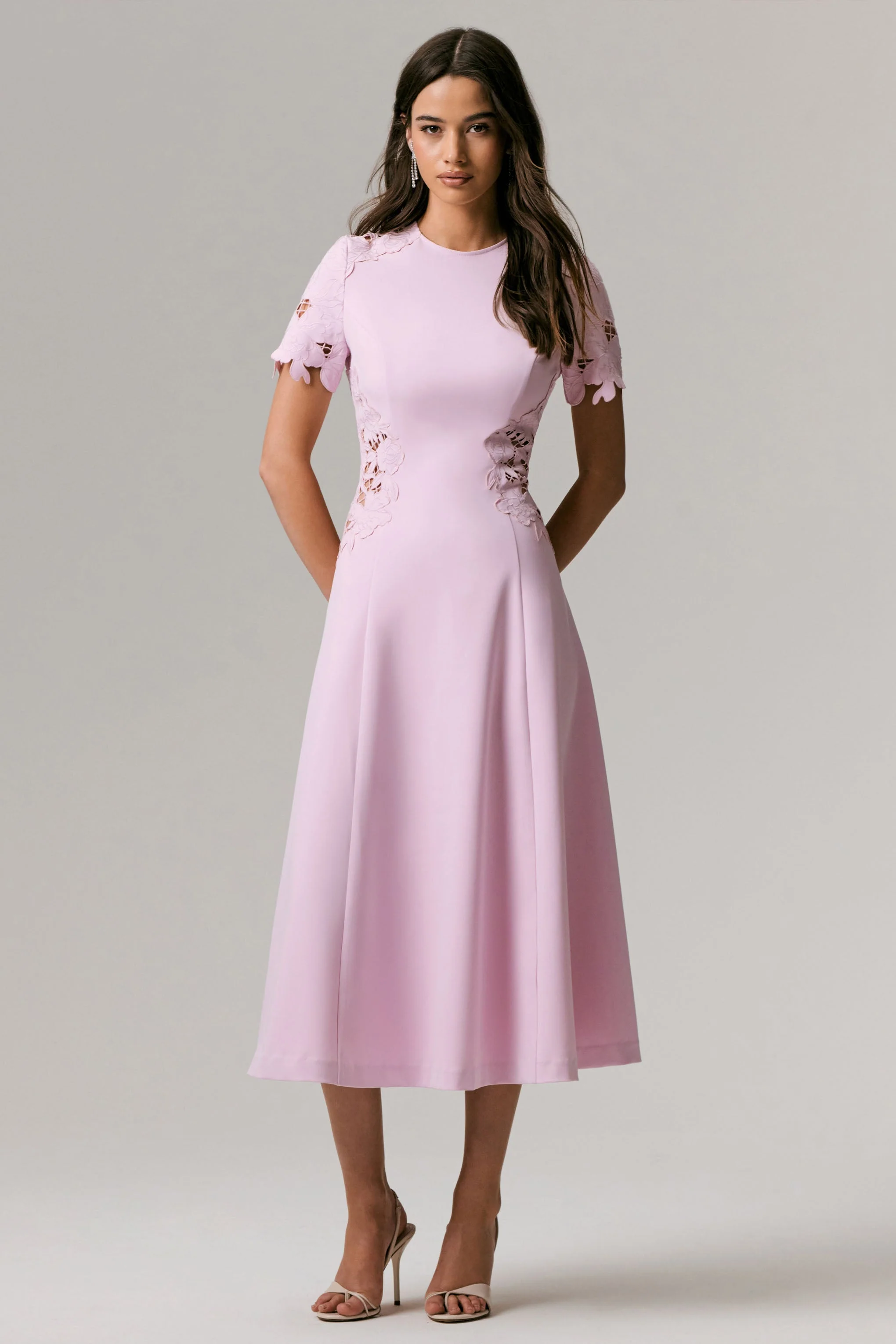 So Sweet | Pink Crew-Neck Midi Dress With Cut-Out Embroidered Detailing - Image 7