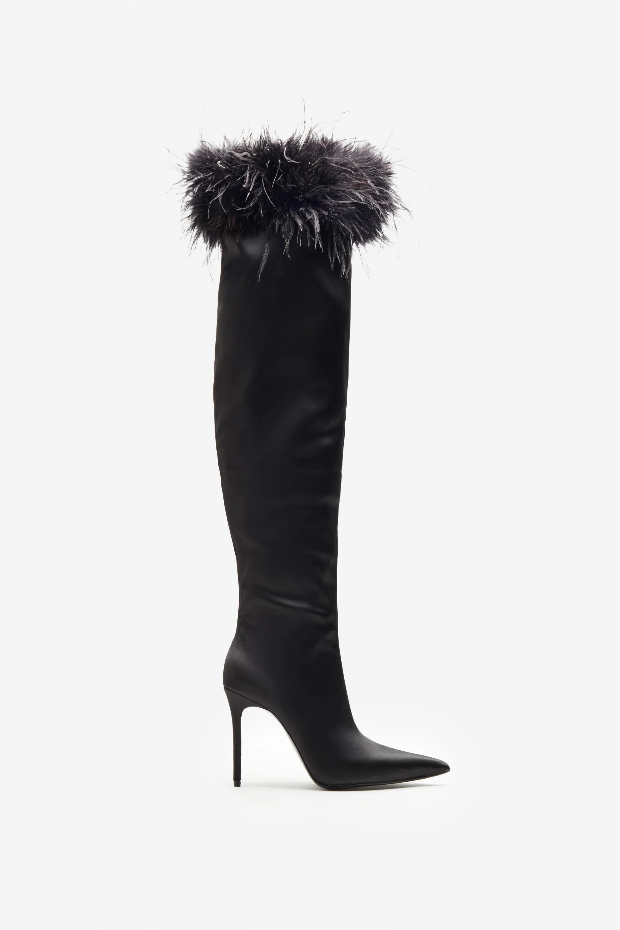 Soho | Black Satin Pointed Heeled Boots With Feather Trims - Image 3