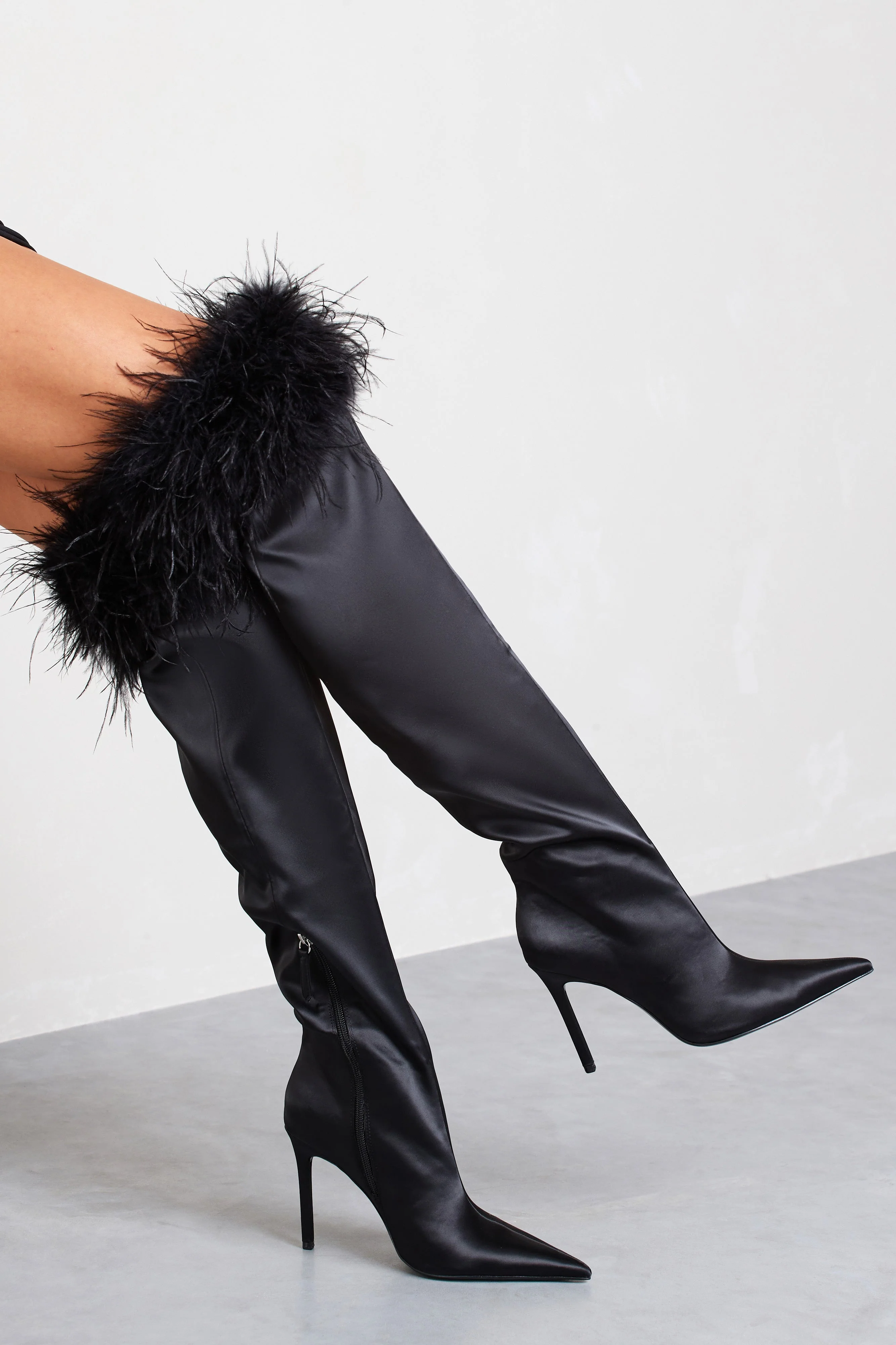 Soho | Black Satin Pointed Heeled Boots With Feather Trims - Image 4