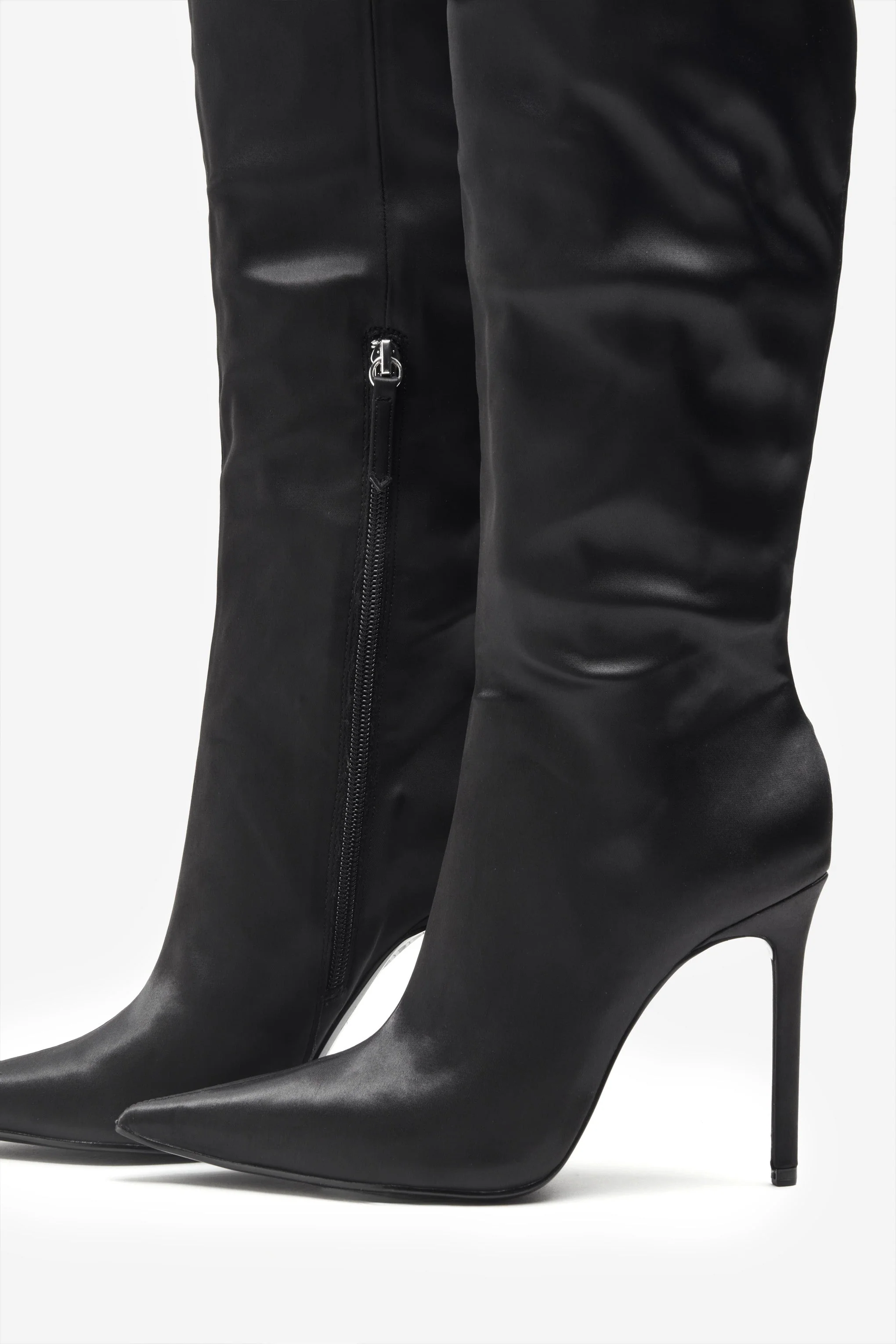 Soho | Black Satin Pointed Heeled Boots With Feather Trims - Image 6