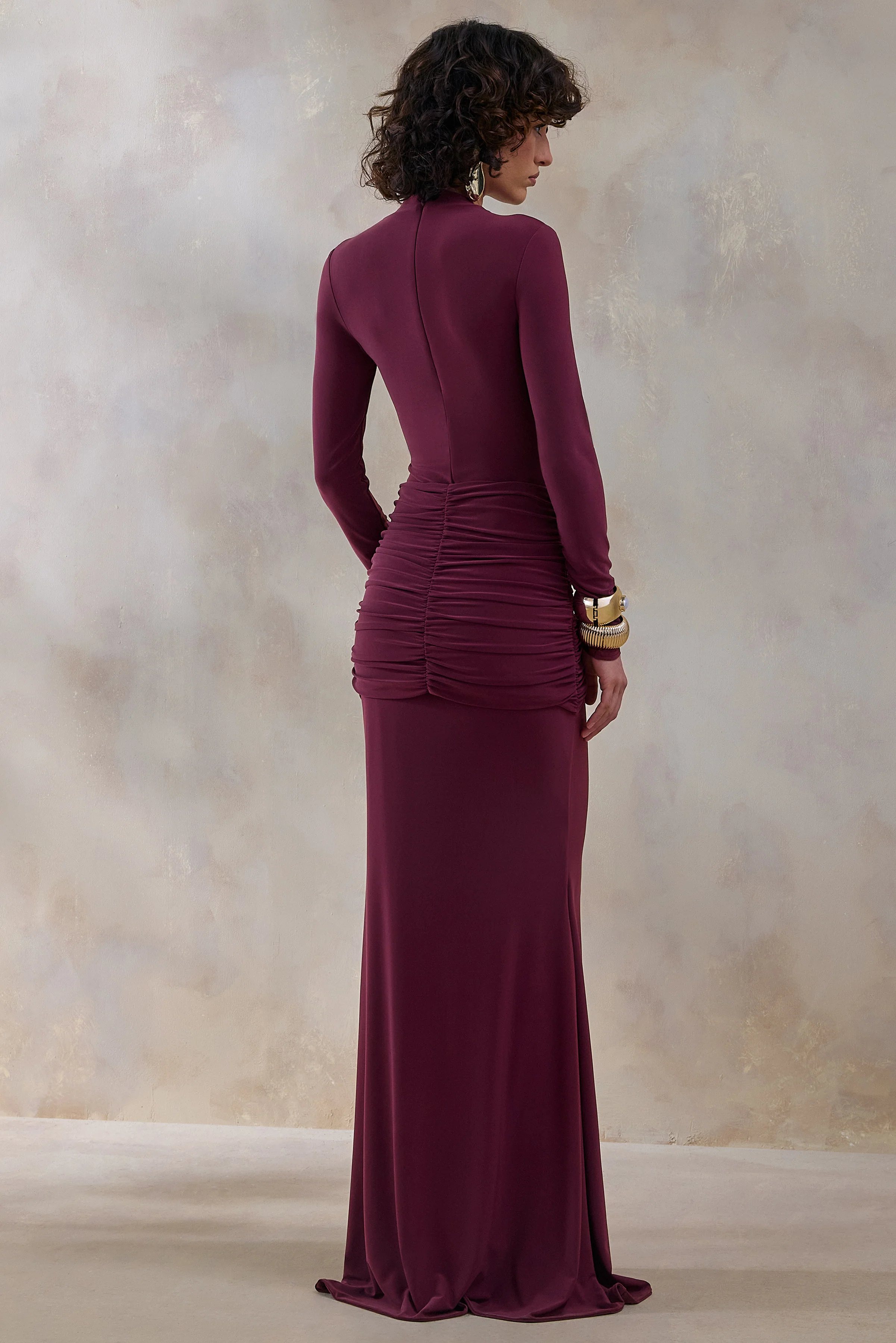 Solarium | Burgundy Long-Sleeve Maxi Dress With Gold Detail - Image 2