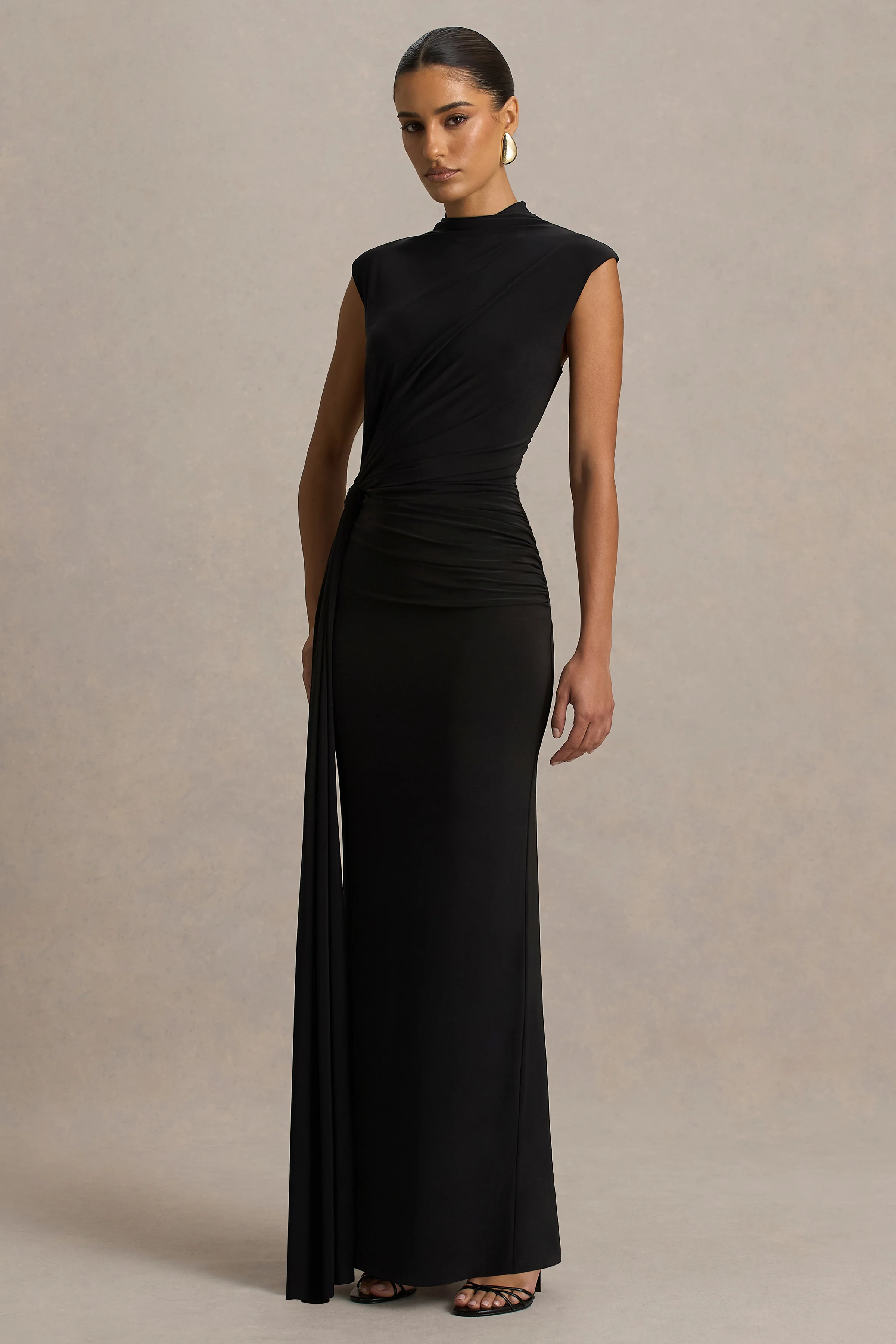 Solene | Black High-Neck Maxi Dress With Wrap And Drape Detail - Image 4