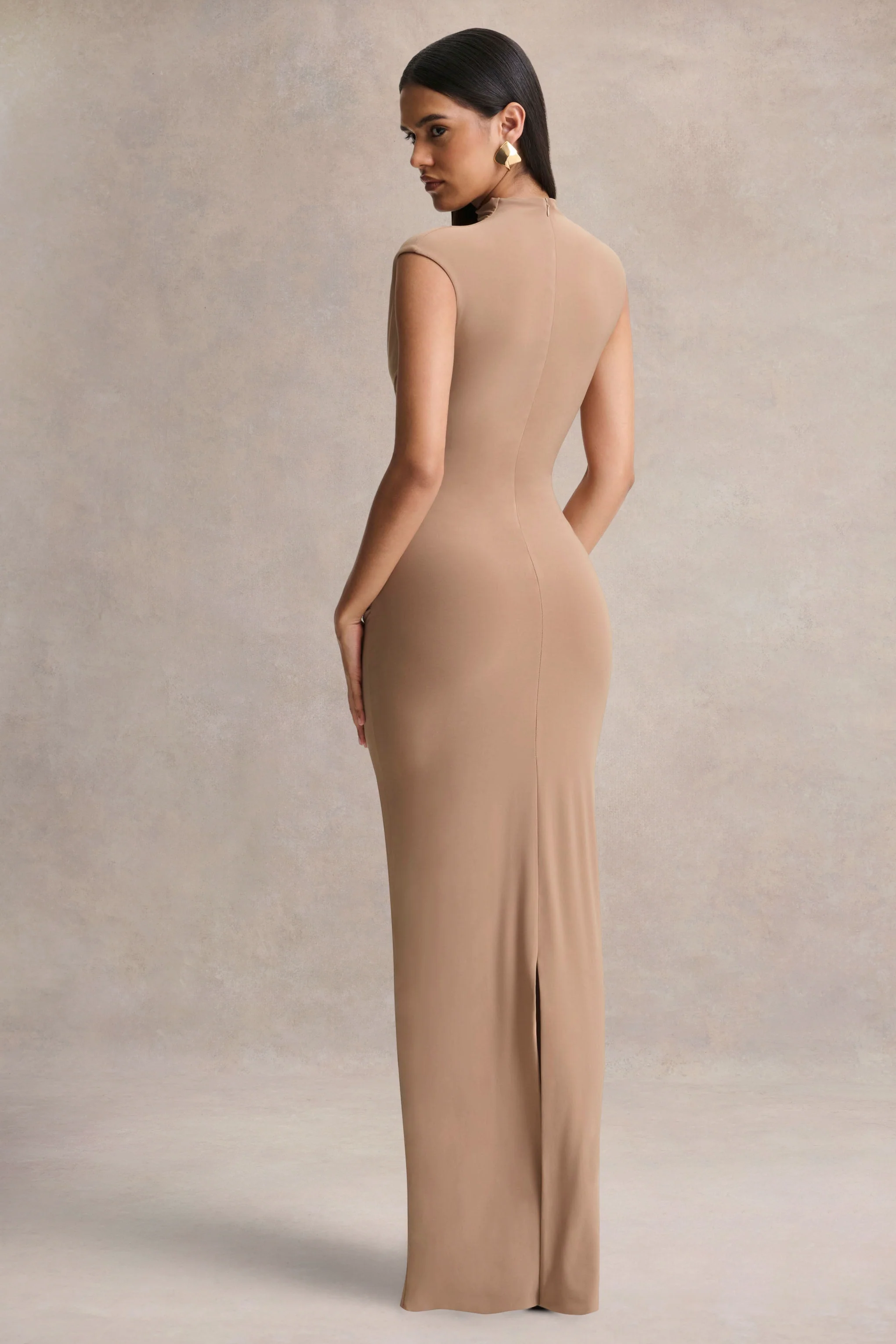 Solene | Brown High-Neck Maxi Dress With Wrap And Drape Detail - Image 2
