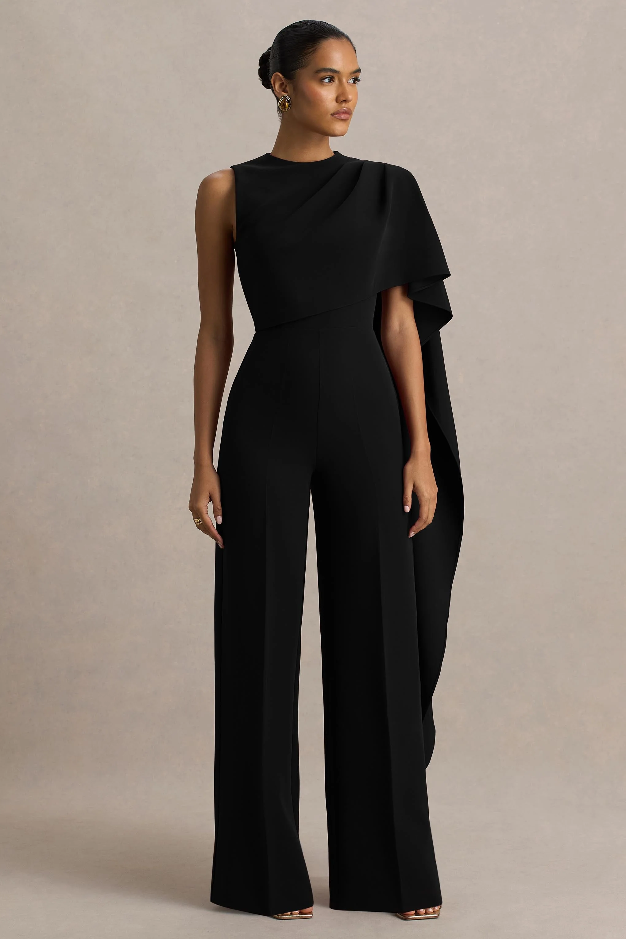 Sorenia | Black High-Neck Jumpsuit With One-Cape Sleeve - Image 6