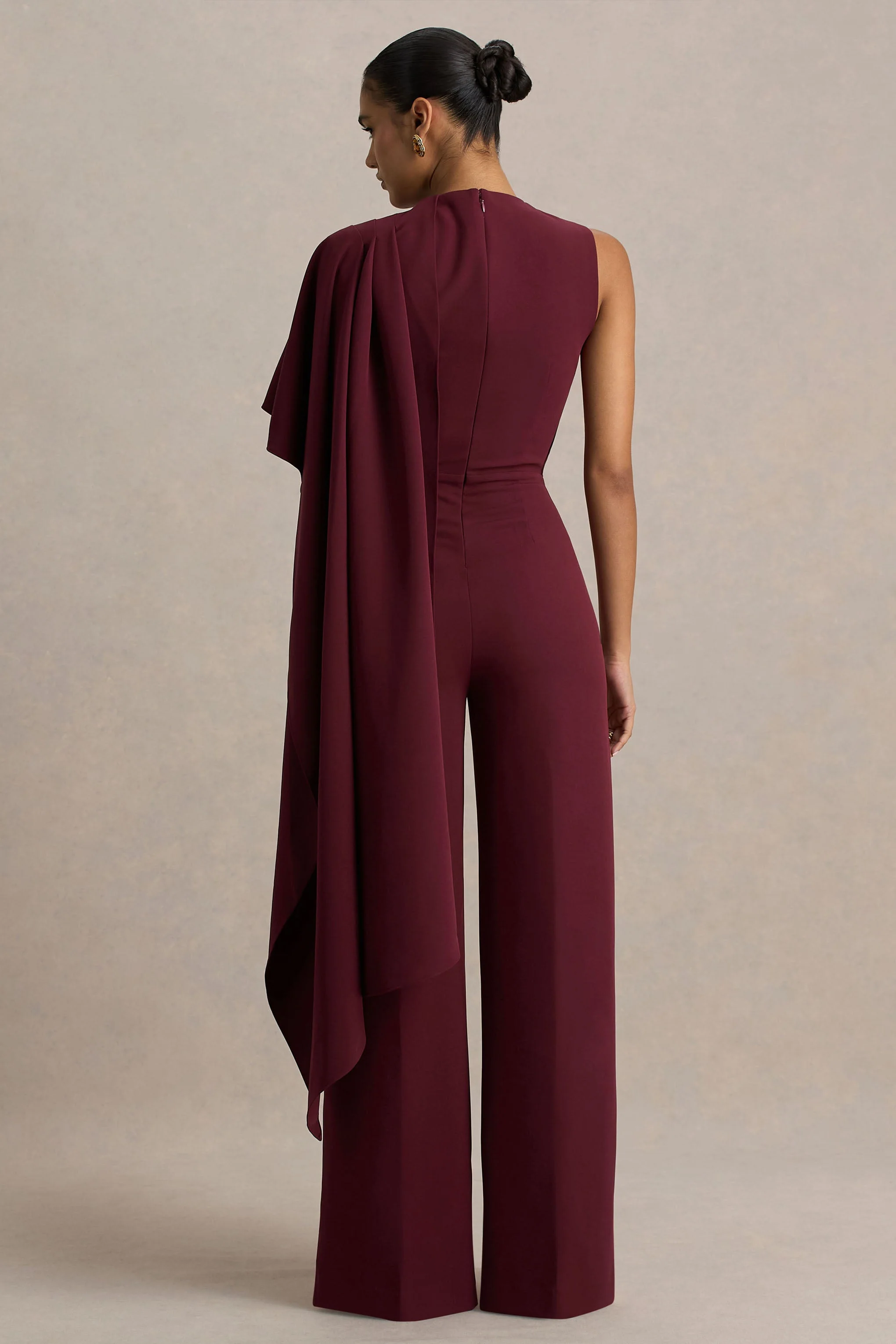 Sorenia | Burgundy High-Neck Jumpsuit With One-Cape Sleeve - Image 2