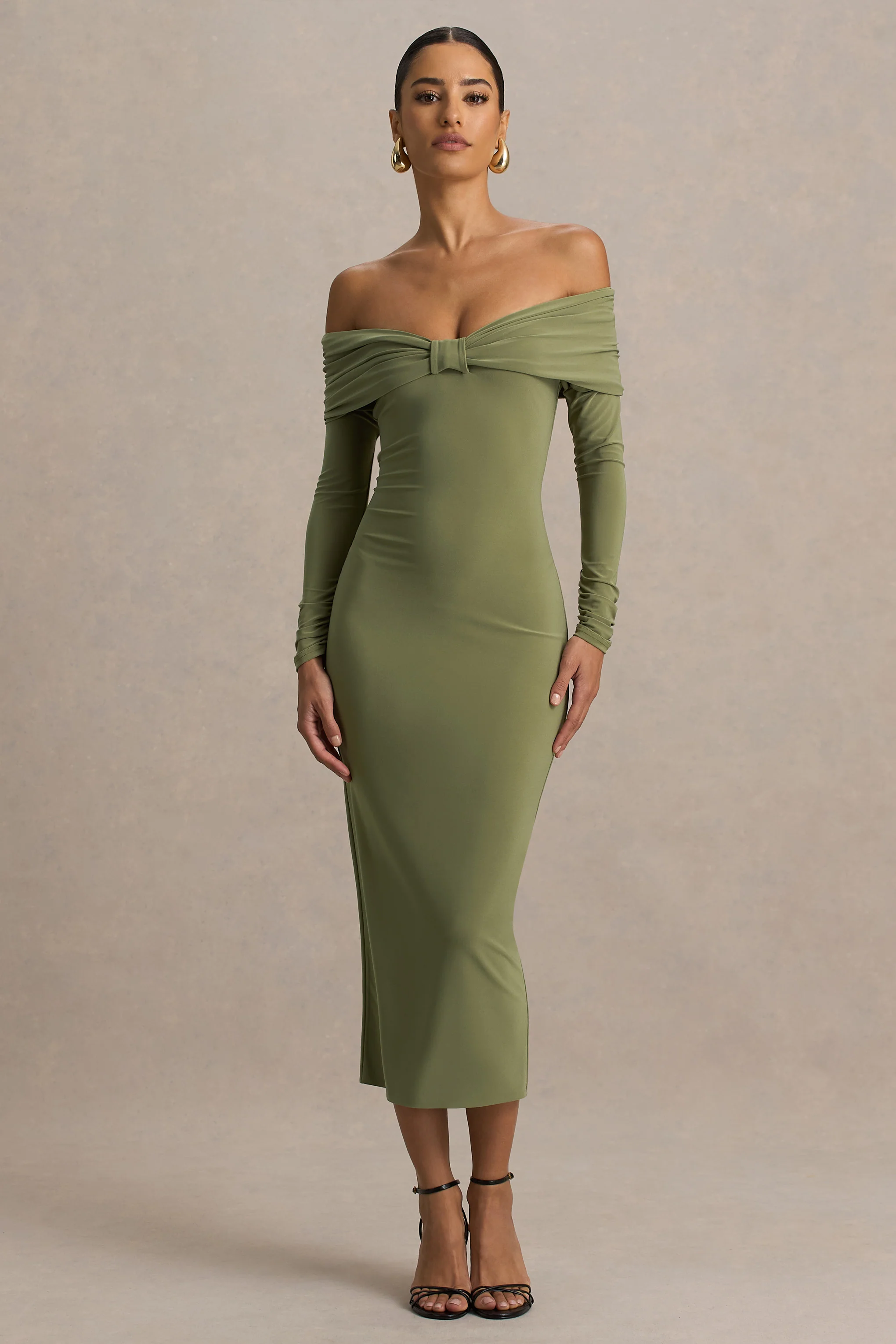 Spark | Olive Bardot-Neck Midi Dress With Bow Detail
