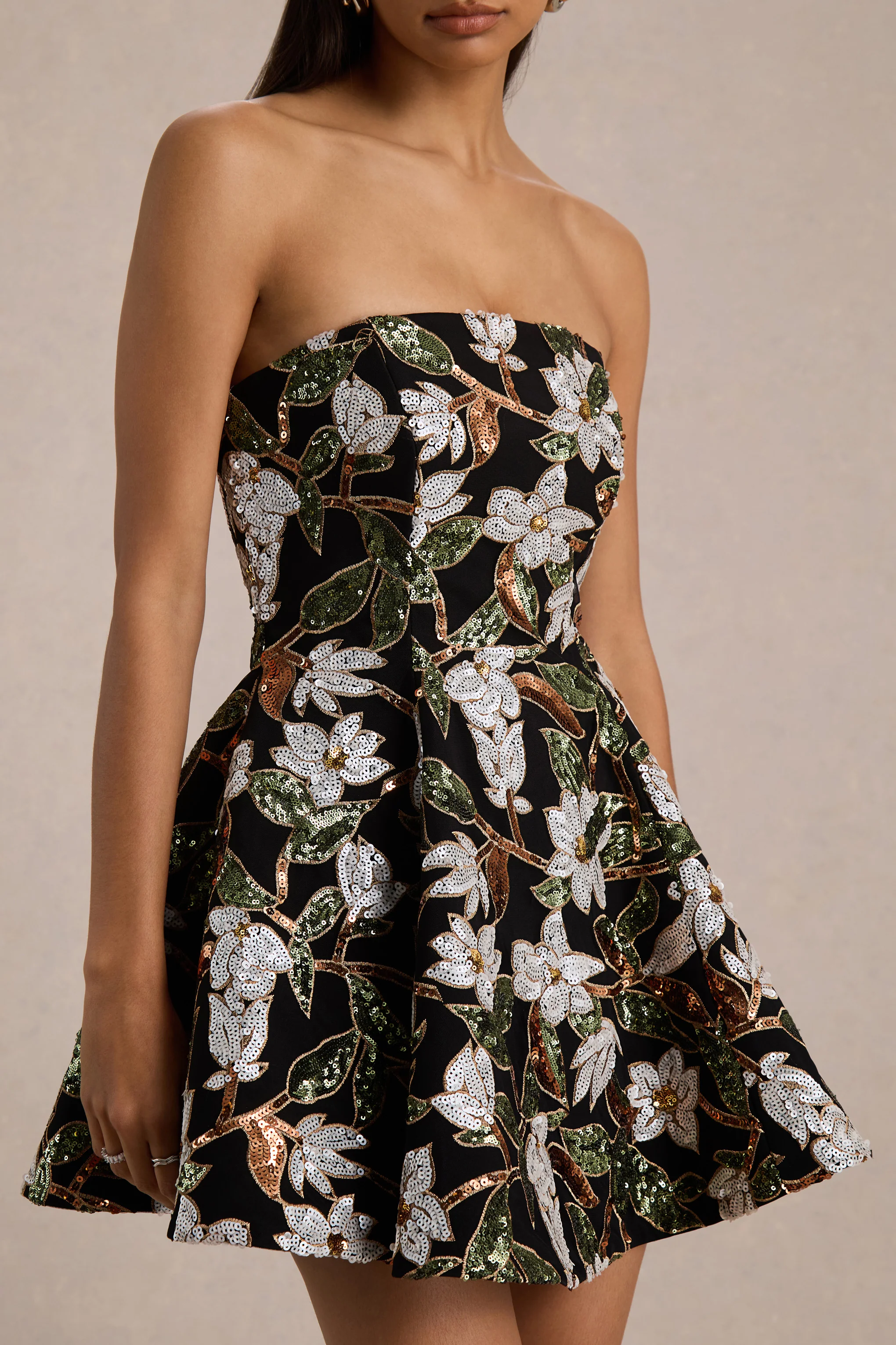 Sparky | Black And Bronze Floral Embellished Bandeau Mini Dress - Image 4
