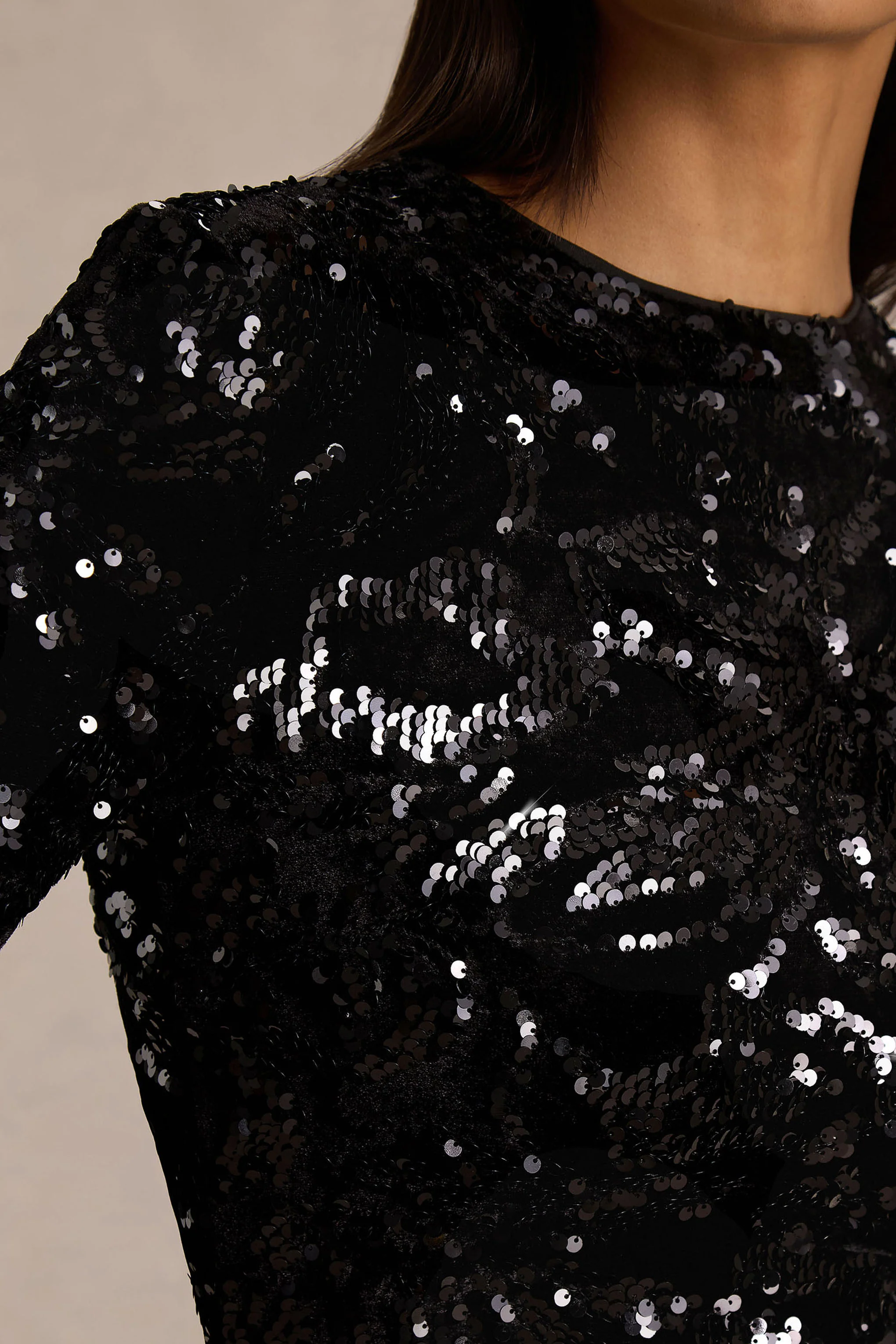 Stardust | Black Sequined Velvet Crew-Neck Mini Dress With Feather Trim - Image 6