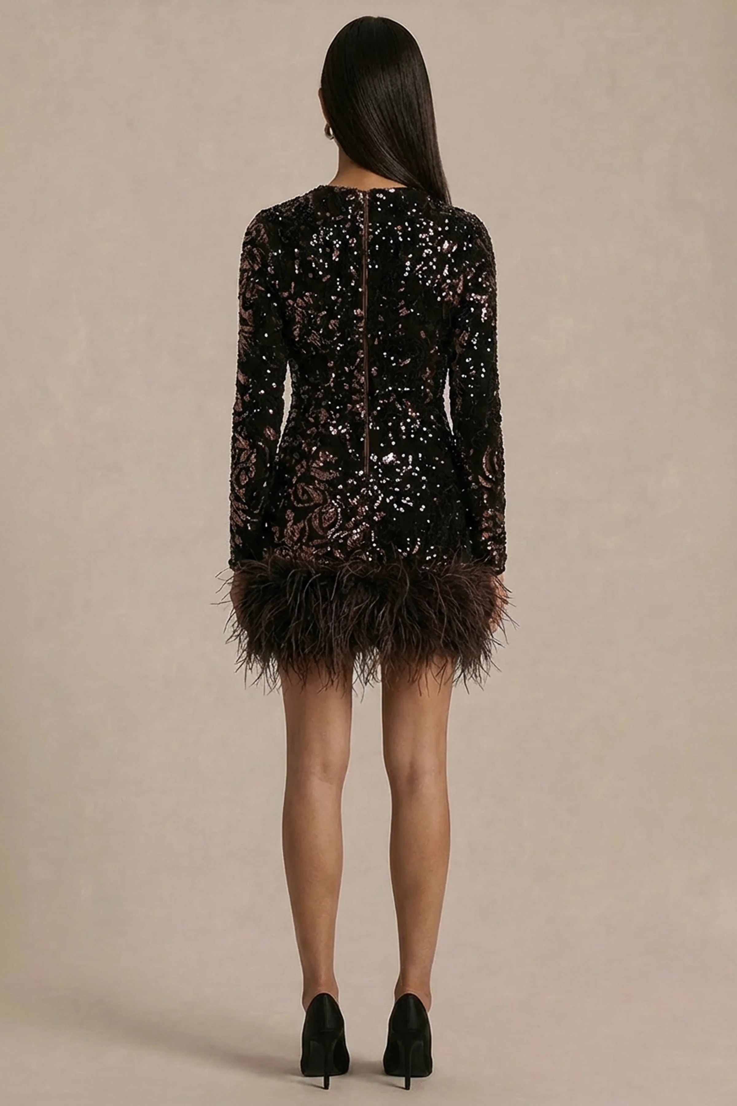Stardust | Brown Sequined Velvet Crew-Neck Mini Dress With Feather Trim - Image 2