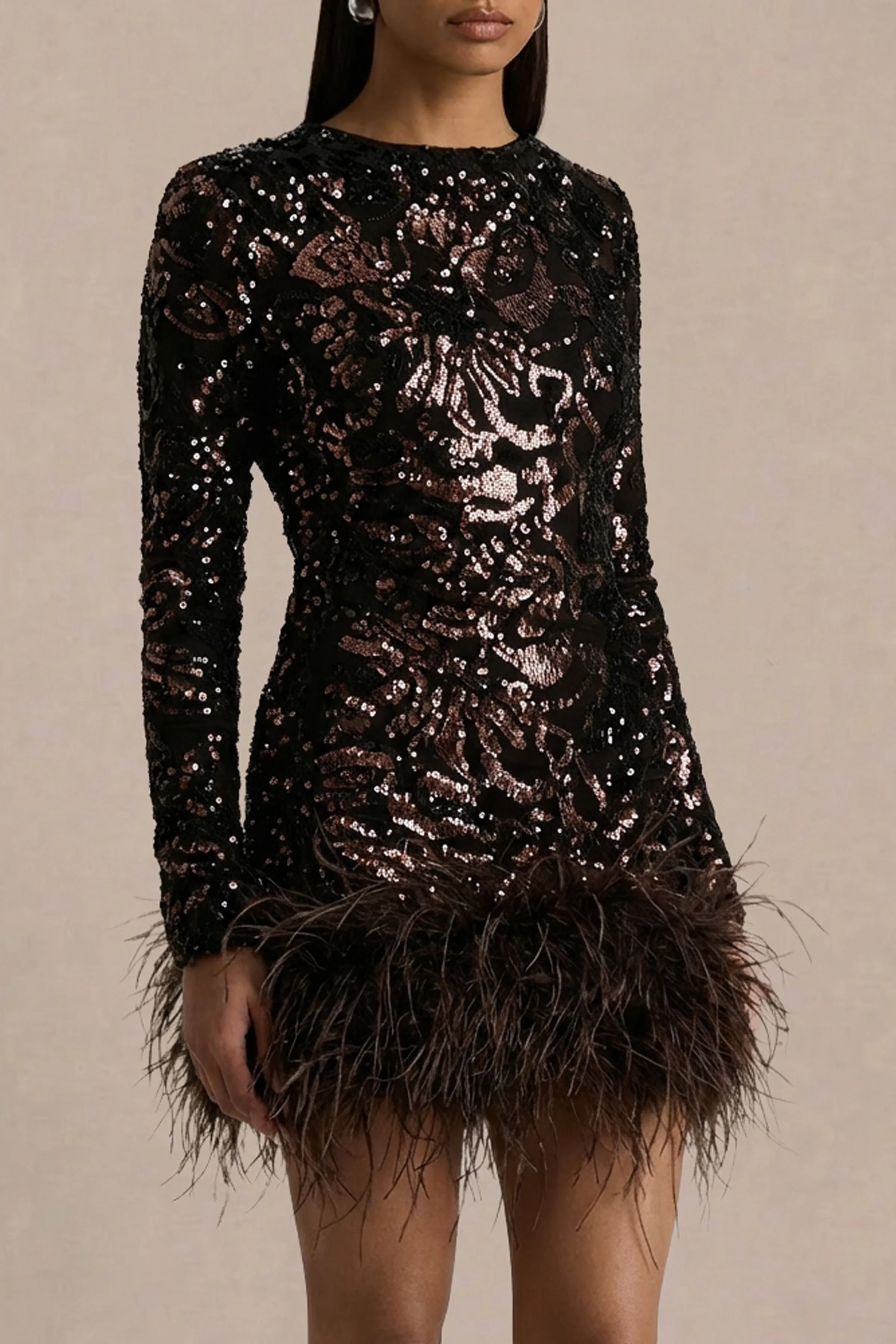 Stardust | Brown Sequined Velvet Crew-Neck Mini Dress With Feather Trim - Image 5