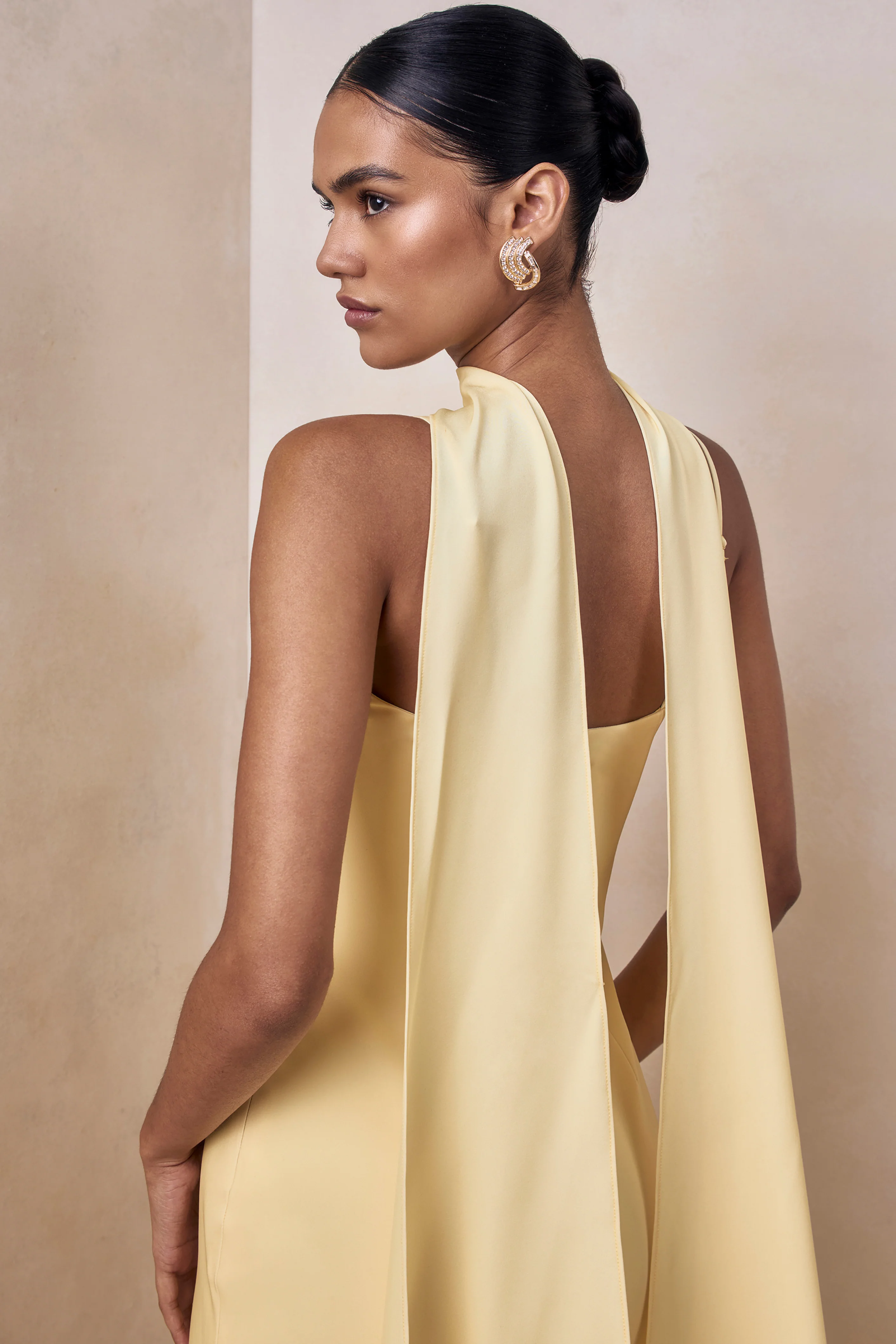 Starling | Lemon Matte Satin Plunge-Neck Maxi Dress With Scarf-Detail - Image 3