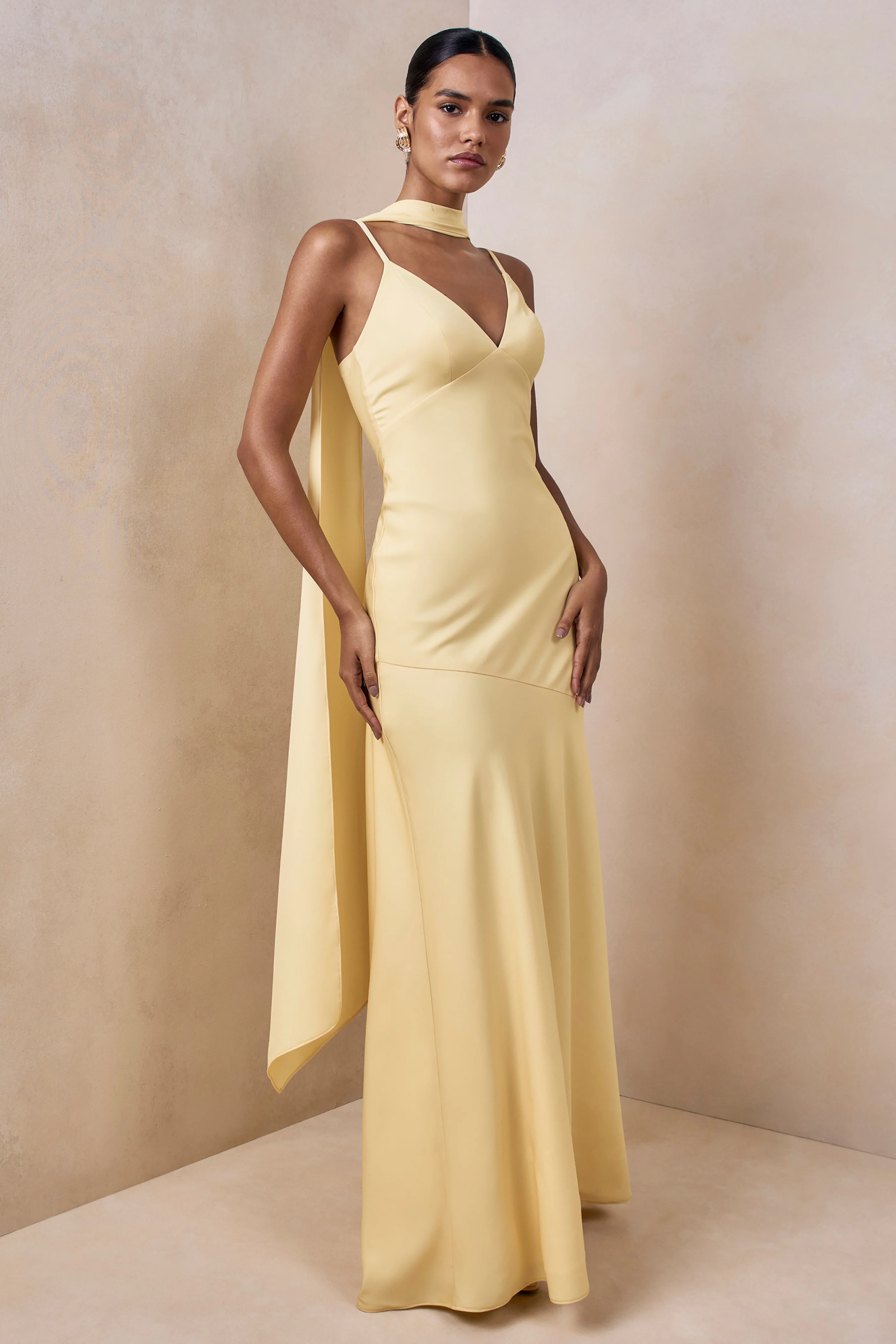 Starling | Lemon Matte Satin Plunge-Neck Maxi Dress With Scarf-Detail - Image 4