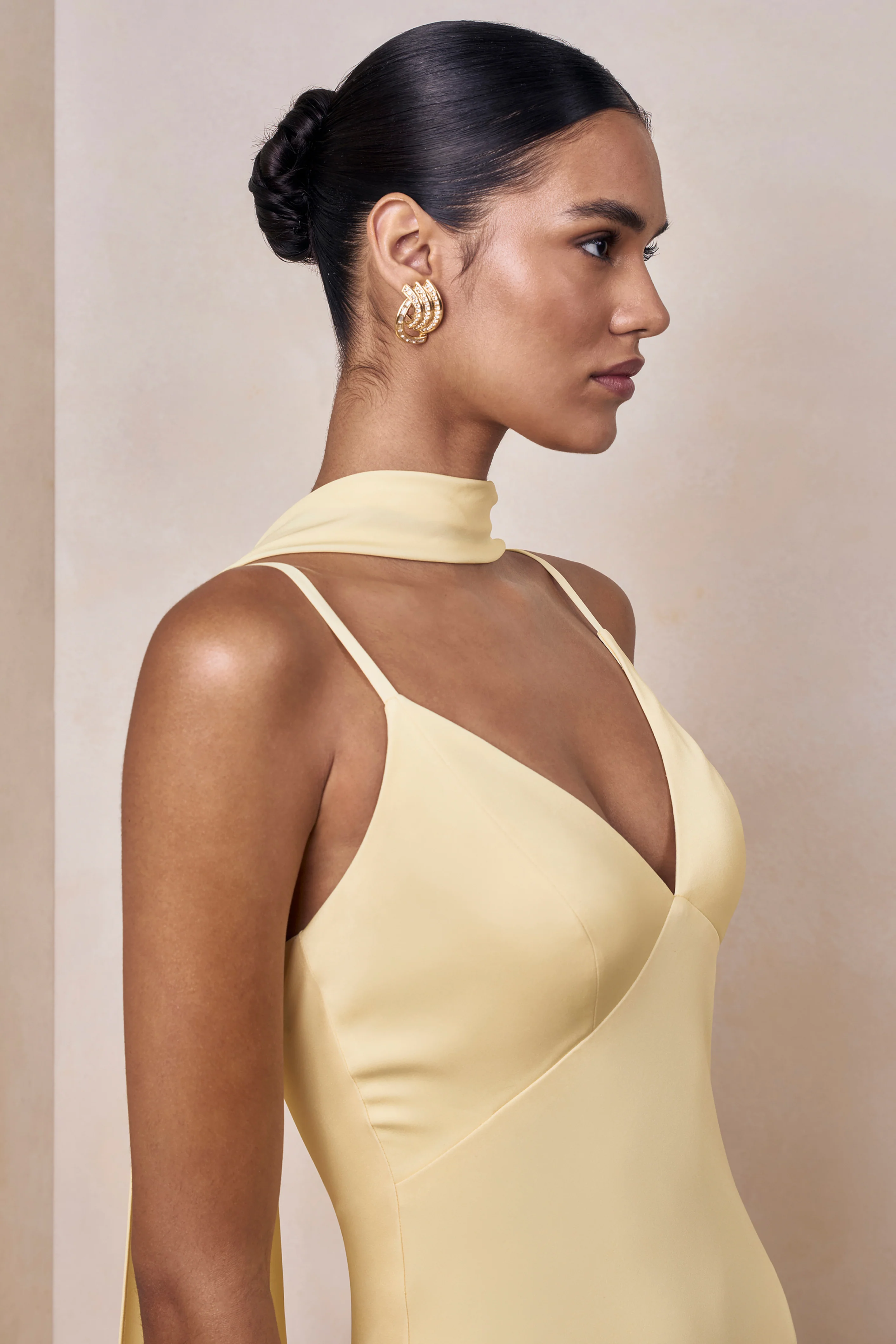 Starling | Lemon Matte Satin Plunge-Neck Maxi Dress With Scarf-Detail - Image 6