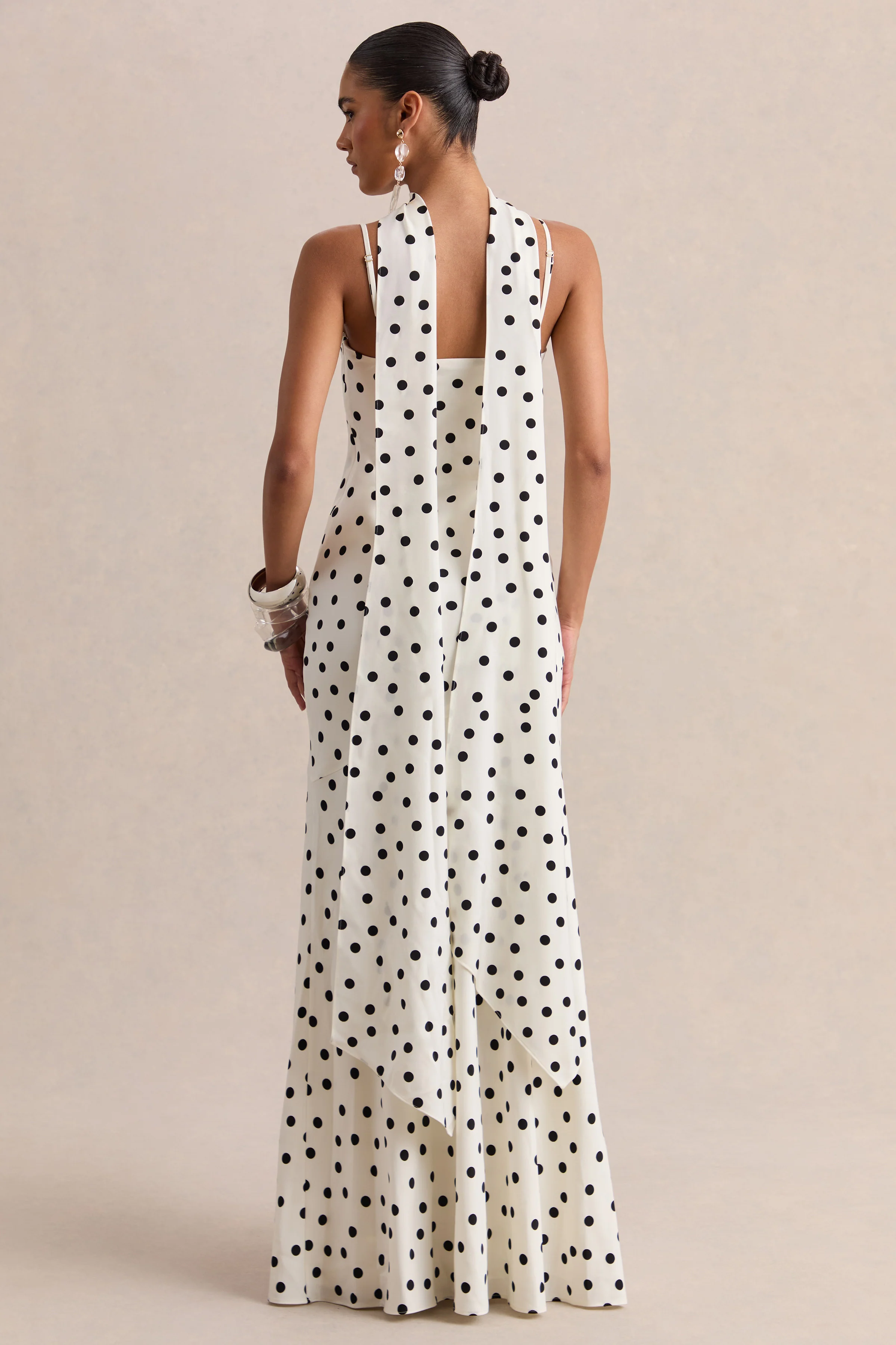 Starling | White & Black Polka Dot Matte Satin Plunge-Neck Maxi Dress With Scarf-Detail - Image 2