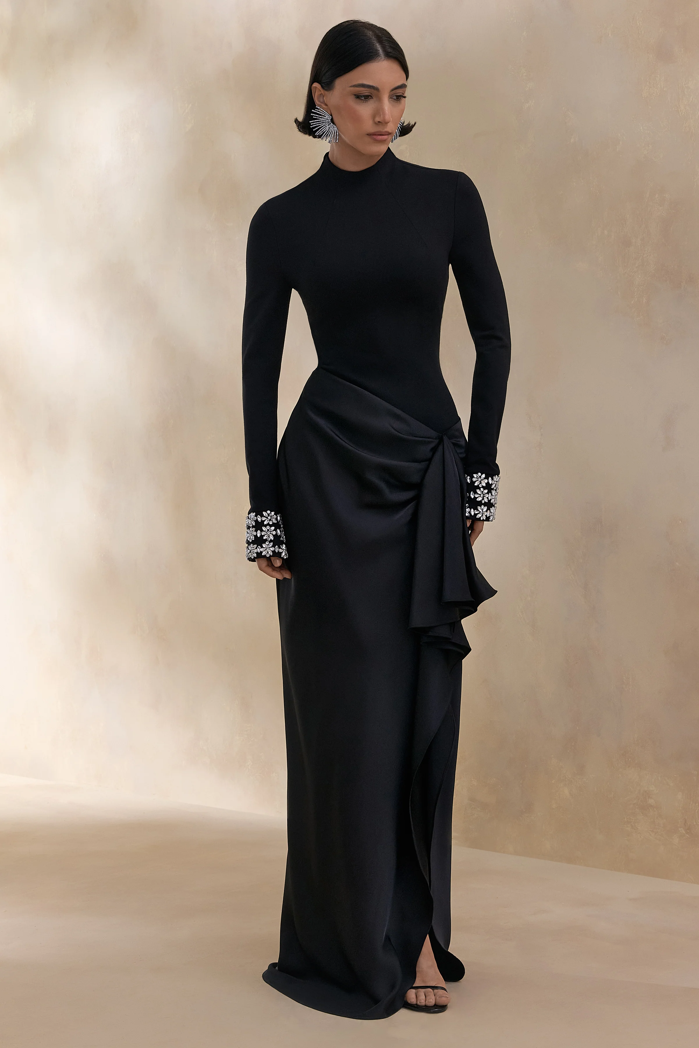 Starred | Black High-Neck Maxi Dress With Satin Wrap-Skirt And Embellished Cuffs - Image 6