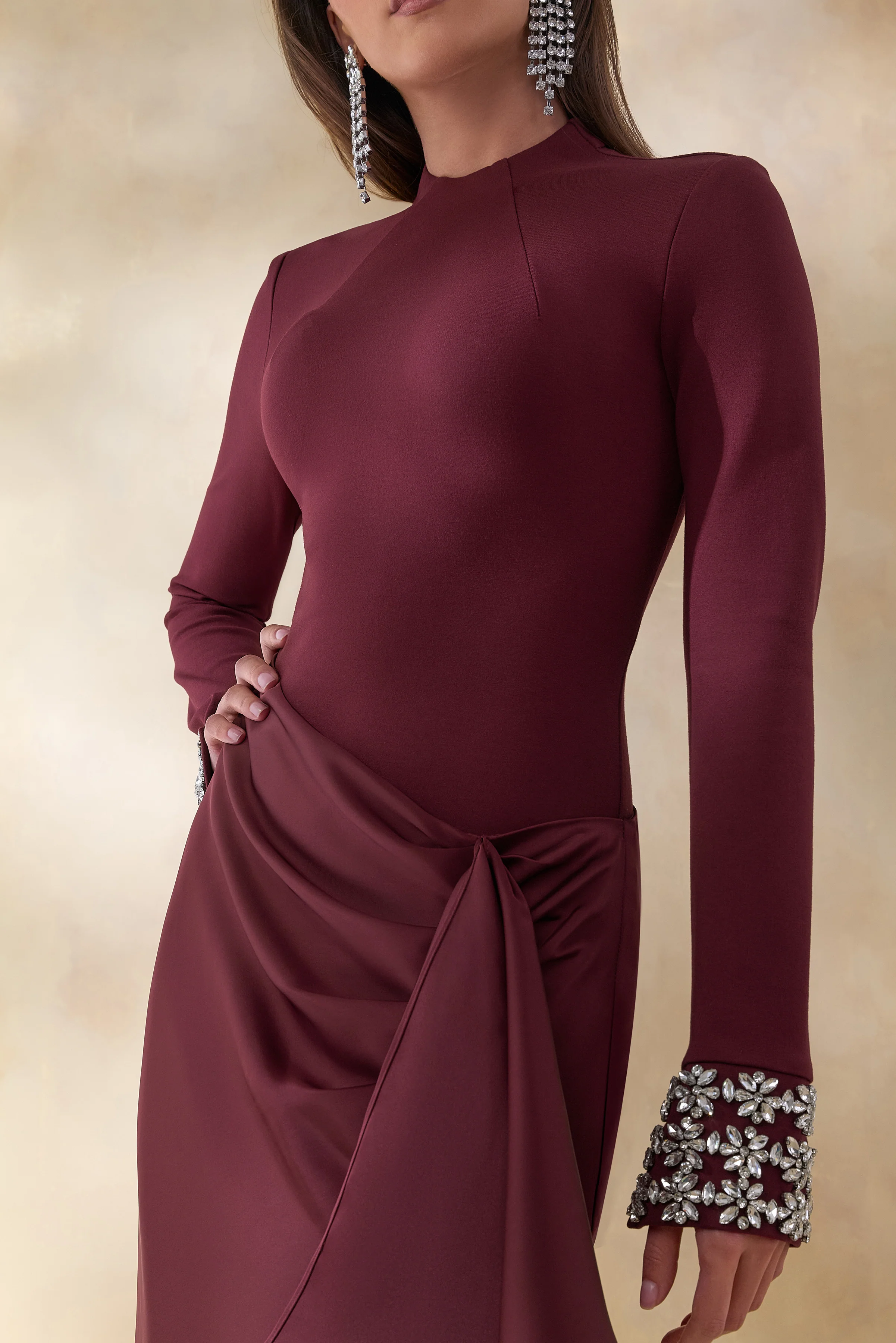 Starred | Burgundy Crew-Neck Maxi Dress With Drop-Waist And Satin Wrap-Skirt - Image 3