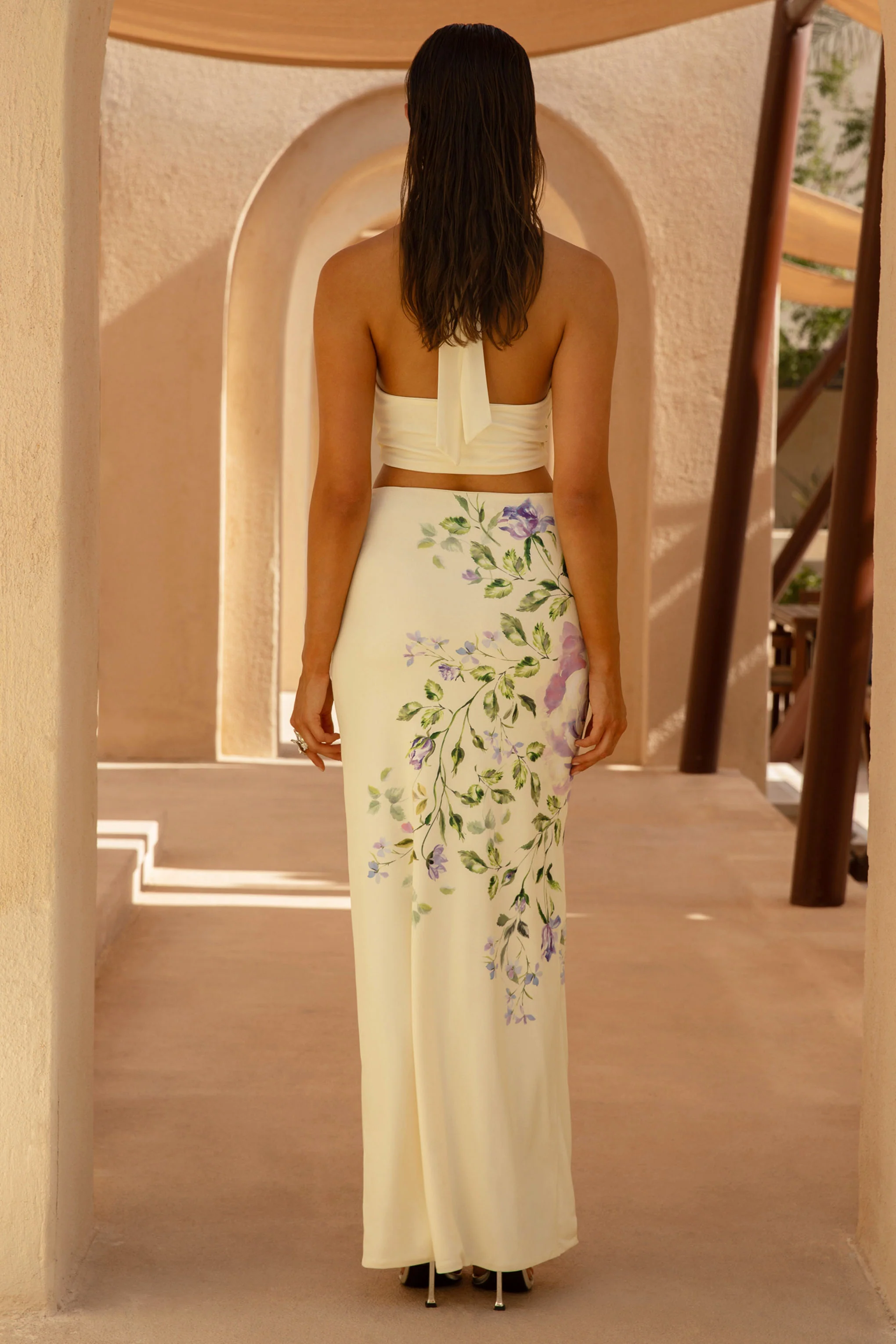 Stassi | Lilac Floral Placement Print Ruched Split Maxi Skirt - Image 2