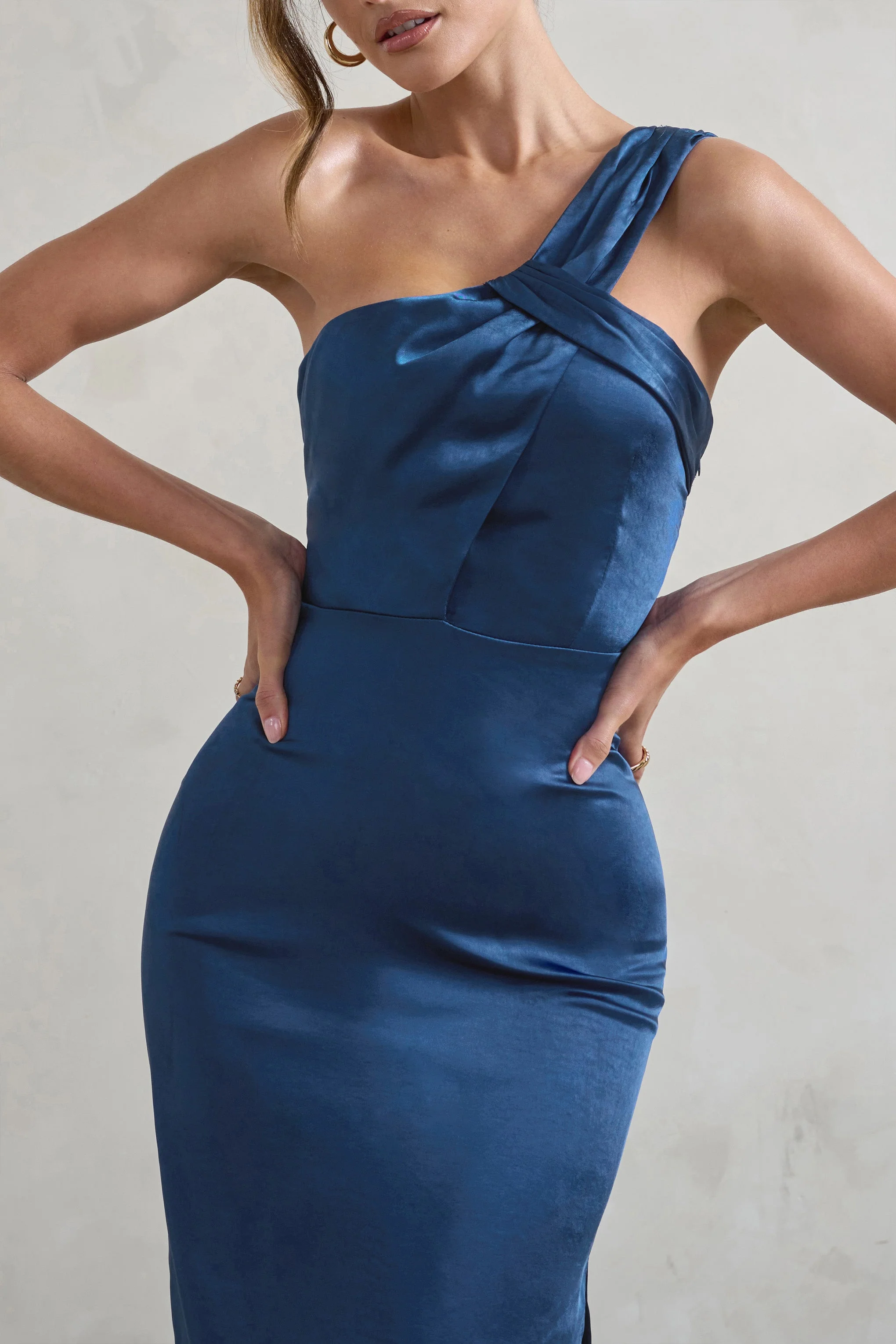 Steffie | Navy Asymmetric Satin Midi Dress - Image 3