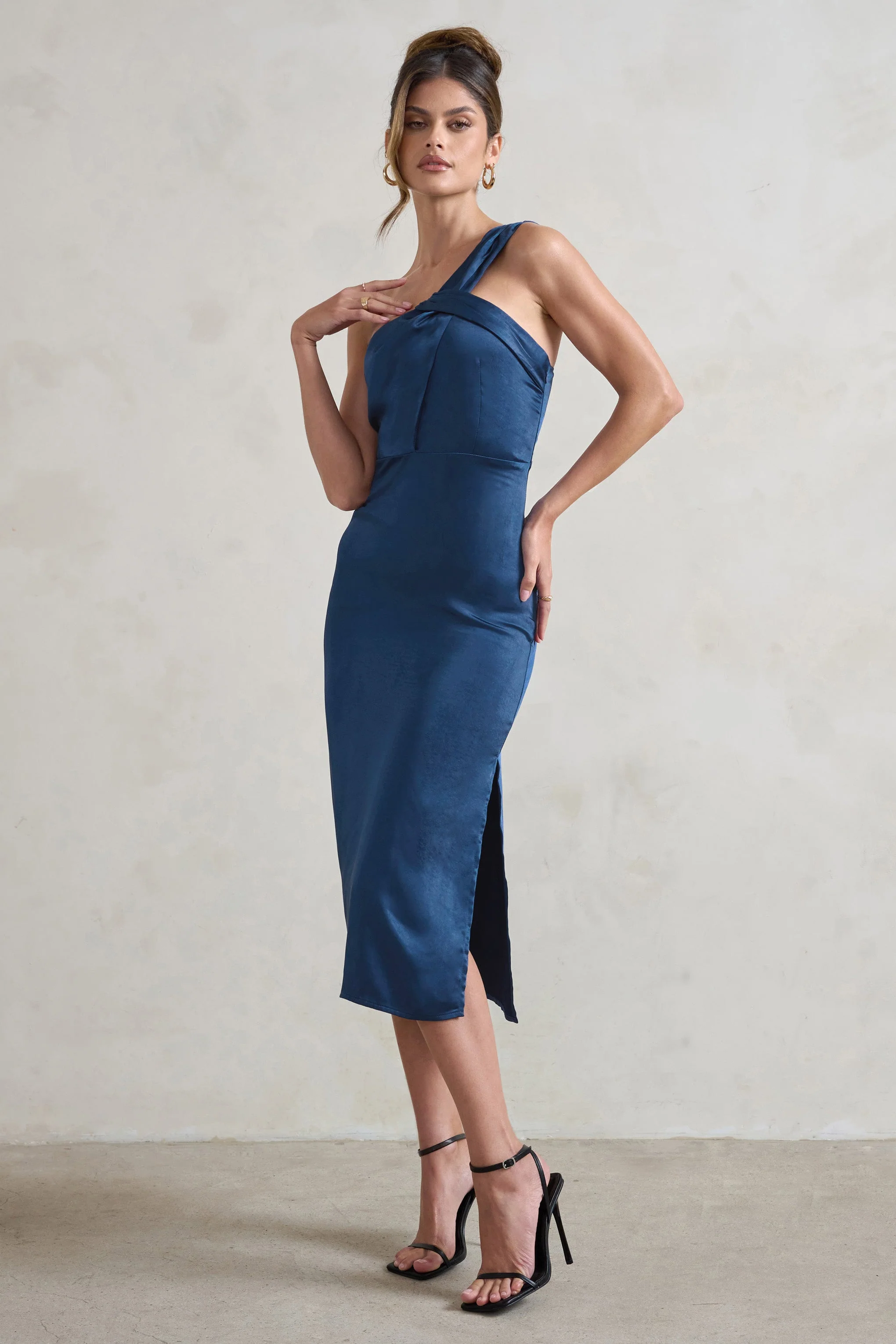 Steffie | Navy Asymmetric Satin Midi Dress - Image 4
