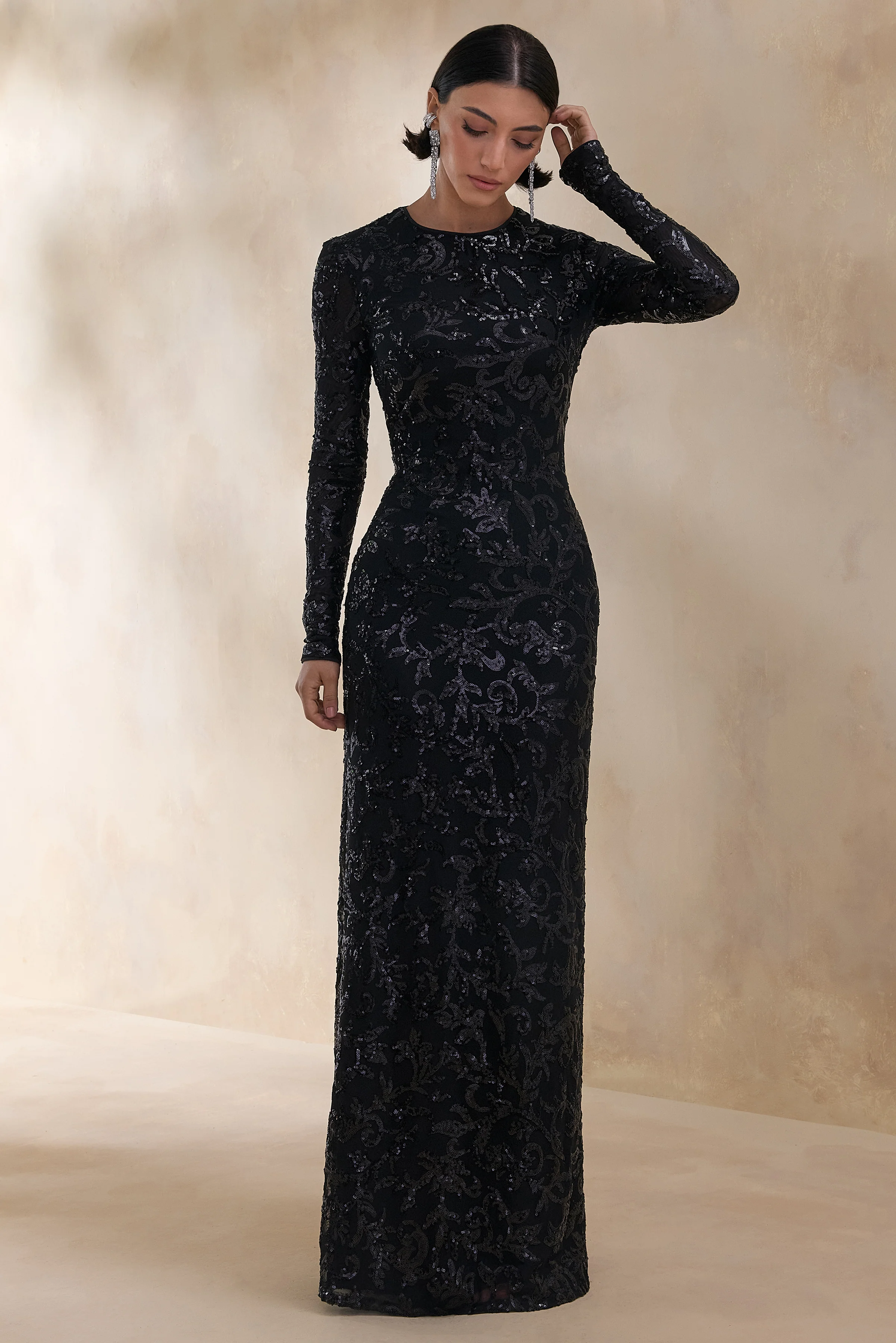 Stellar | Black Embellished Lace High-Neck Maxi Dress With Long Sleeves - Image 4
