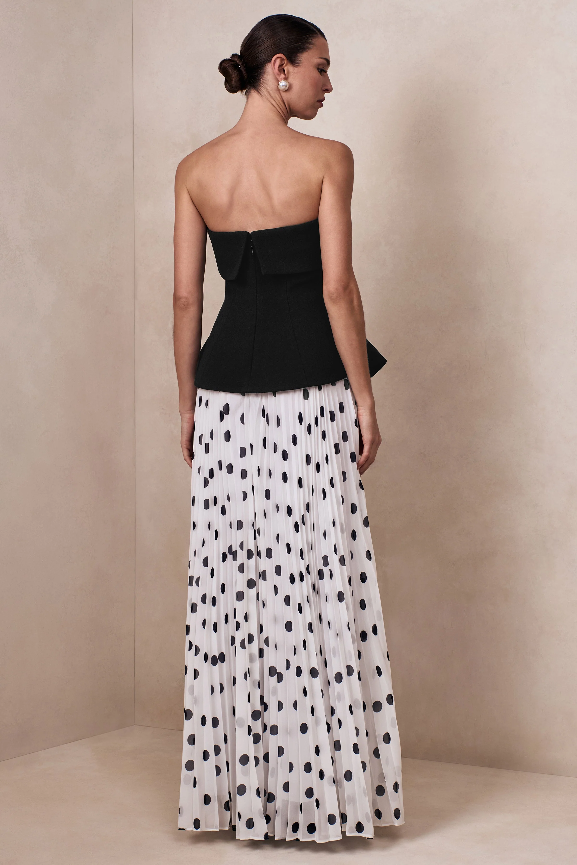 Stellara | Black & White Polka Dot Bandeau Corset Maxi Dress With Sheer Skirt - Image 3