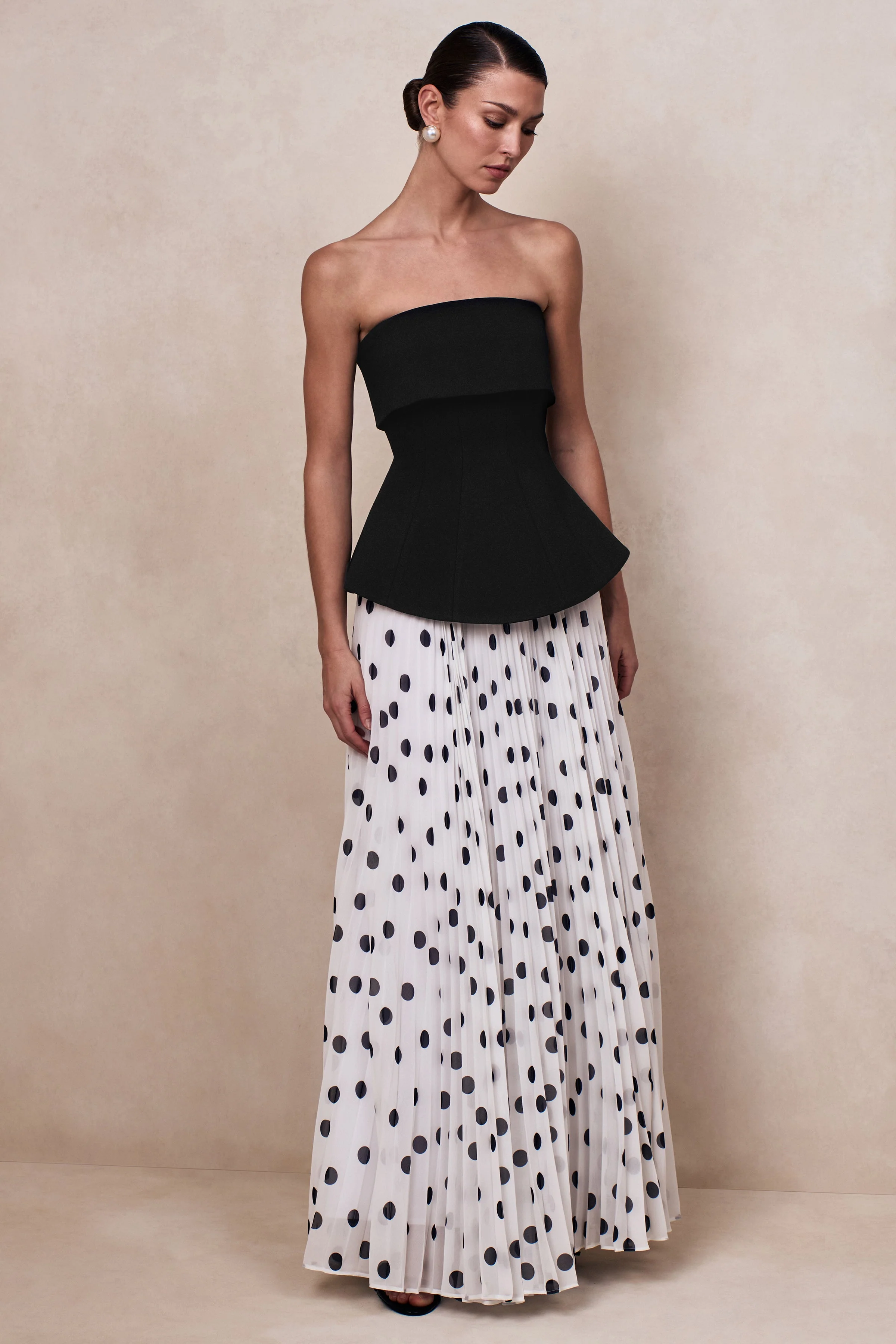 Stellara | Black & White Polka Dot Bandeau Corset Maxi Dress With Sheer Skirt - Image 5