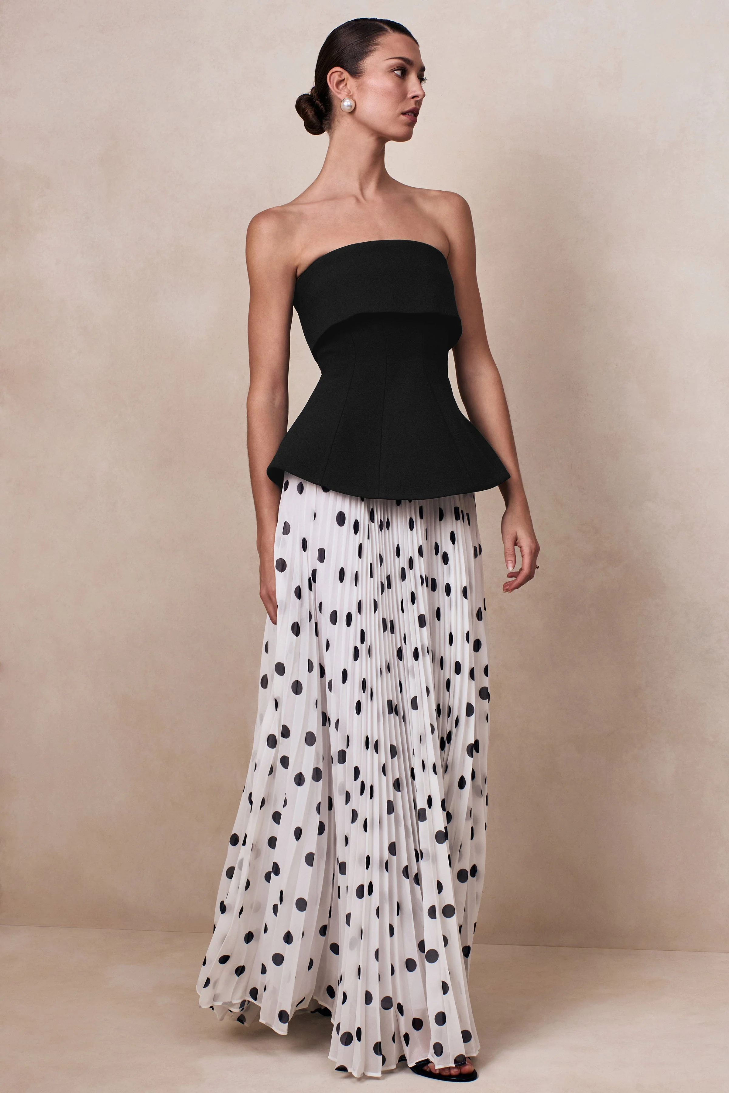 Stellara | Black & White Polka Dot Bandeau Corset Maxi Dress With Sheer Skirt - Image 7