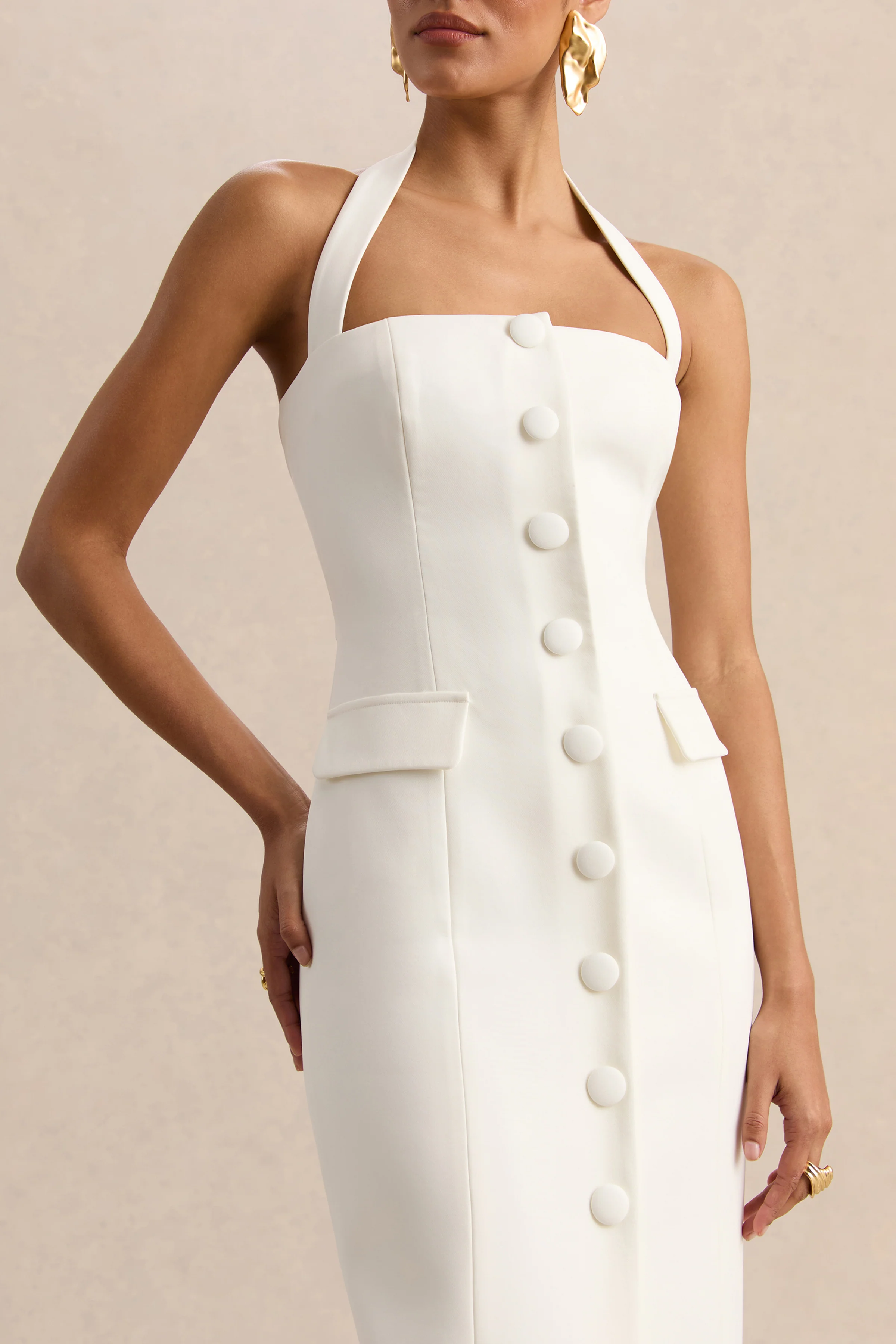 Steph | White Halter-Neck Tailored Maxi Dress - Image 3