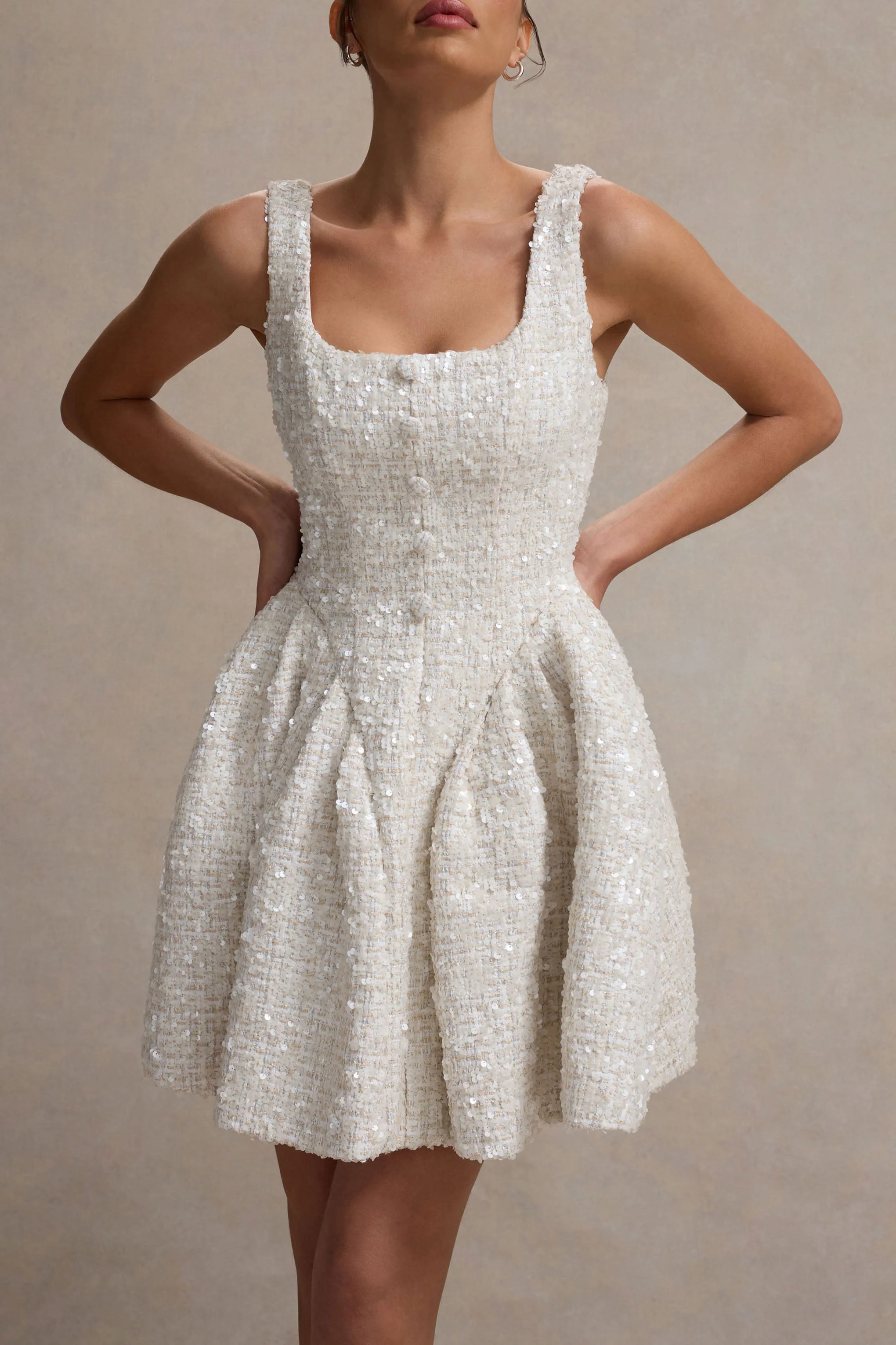 Sugar Plum | Cream Boucle Square-Neck Mini Dress - Image 3