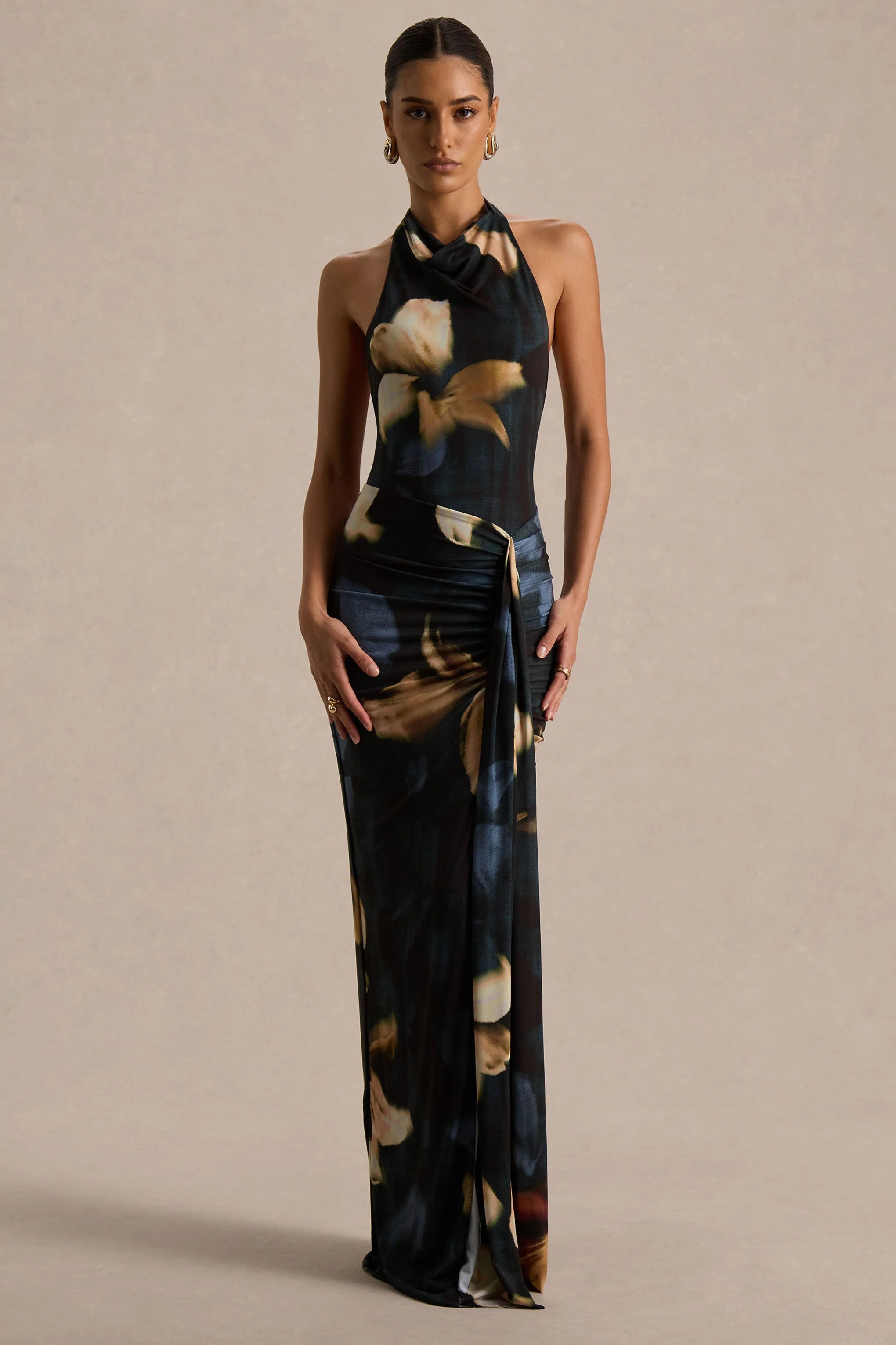 Sunflower | Dark Lily Print Woven High-Neck Maxi Dress With Front-High Split - Image 5