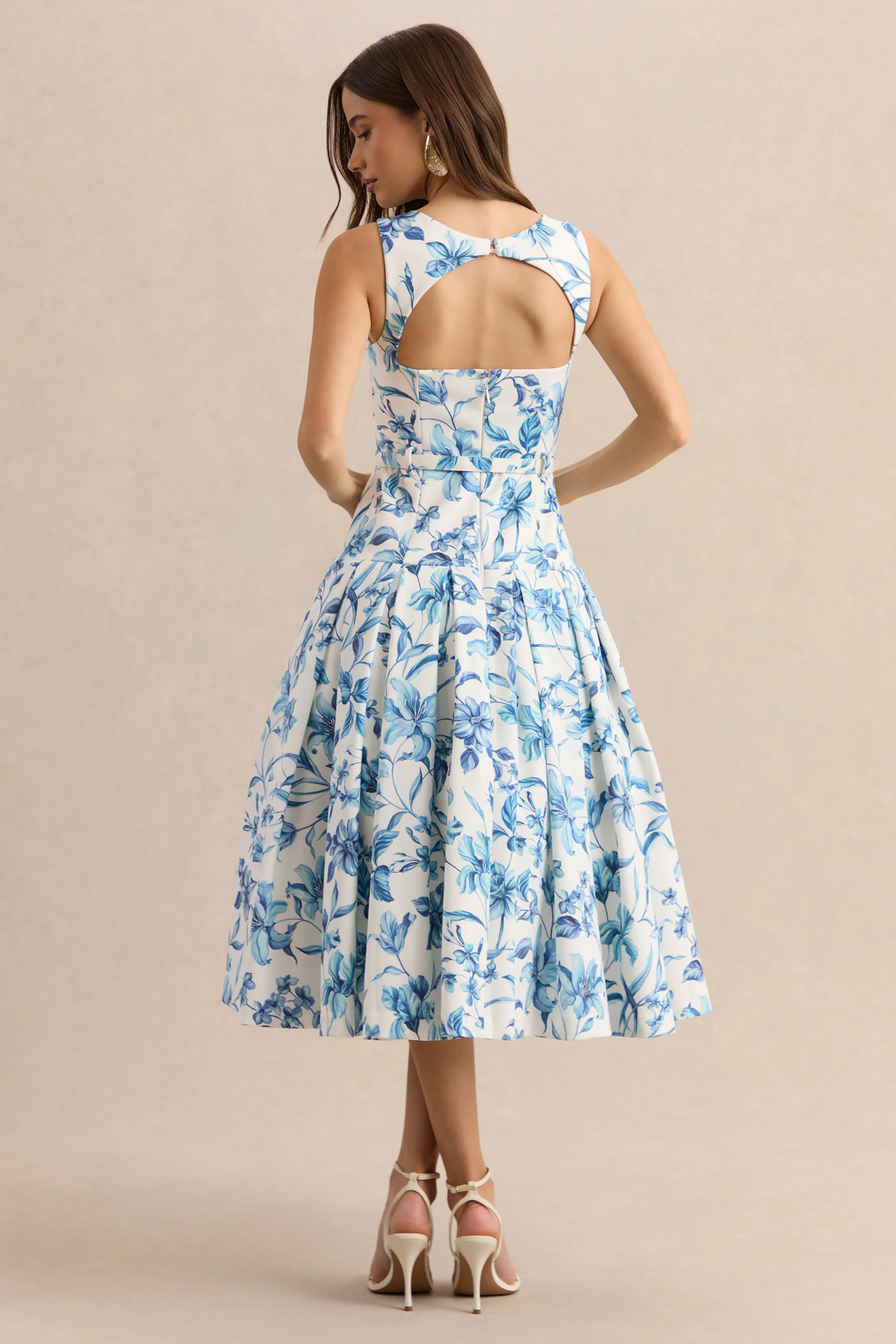 Sunnira | Blue Porcelain Print Boat-Neck Midi Dress With Drop-Waist - Image 2