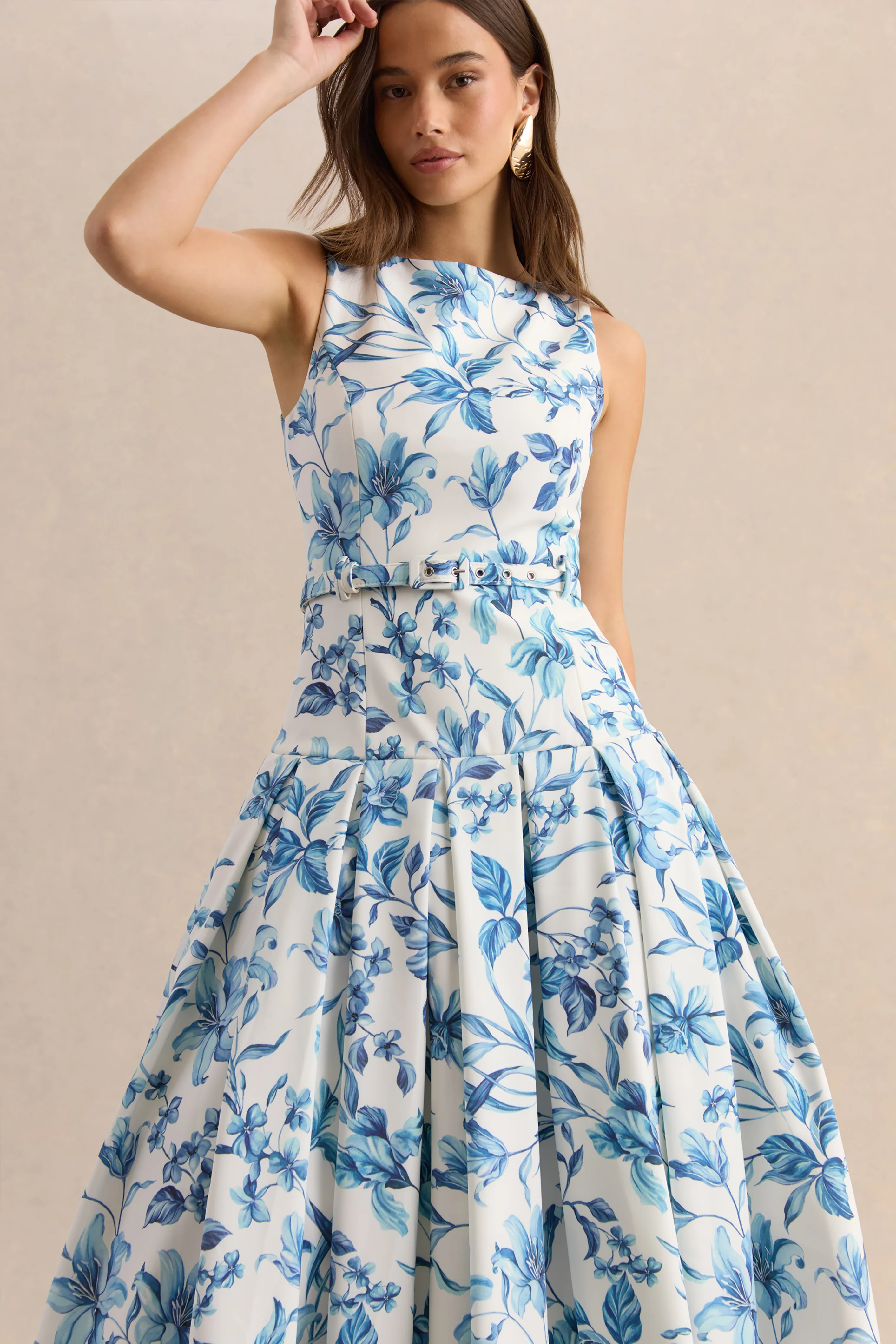 Sunnira | Blue Porcelain Print Boat-Neck Midi Dress With Drop-Waist - Image 3