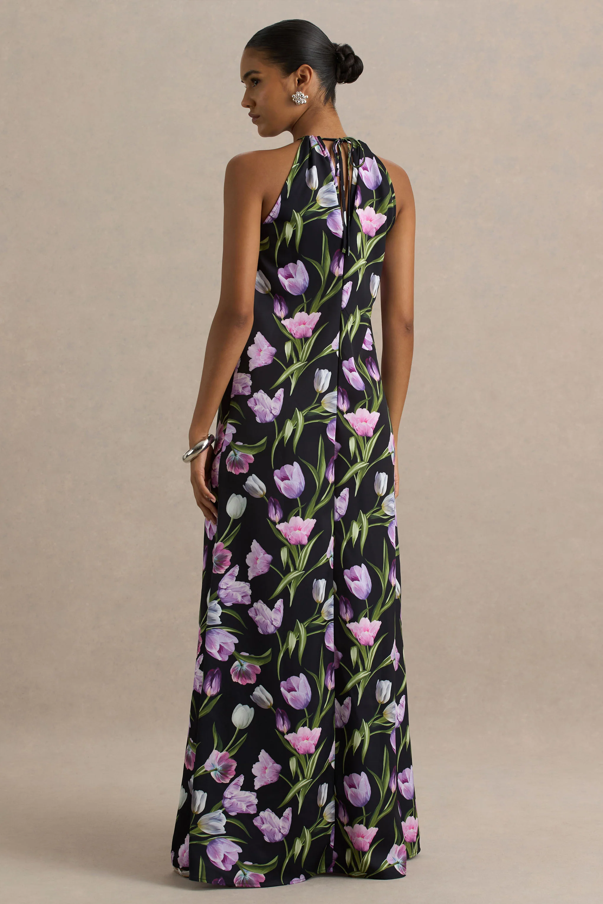 Svana | Black Satin Floral Asymmetric Halter-Neck Maxi Dress - Image 2