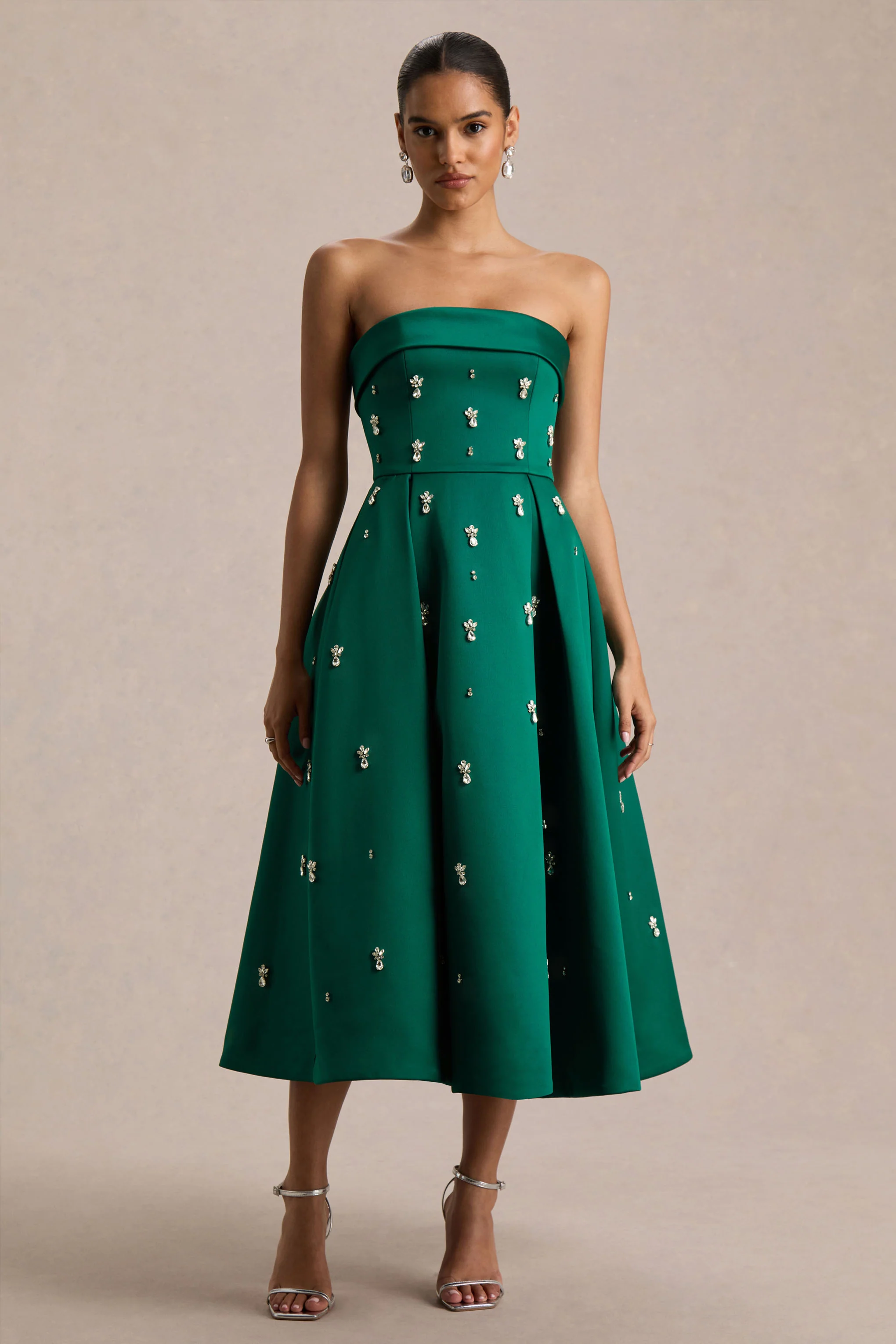 Sylvette | Dark Green Satin Bandeau Skater Midi Dress - Image 4