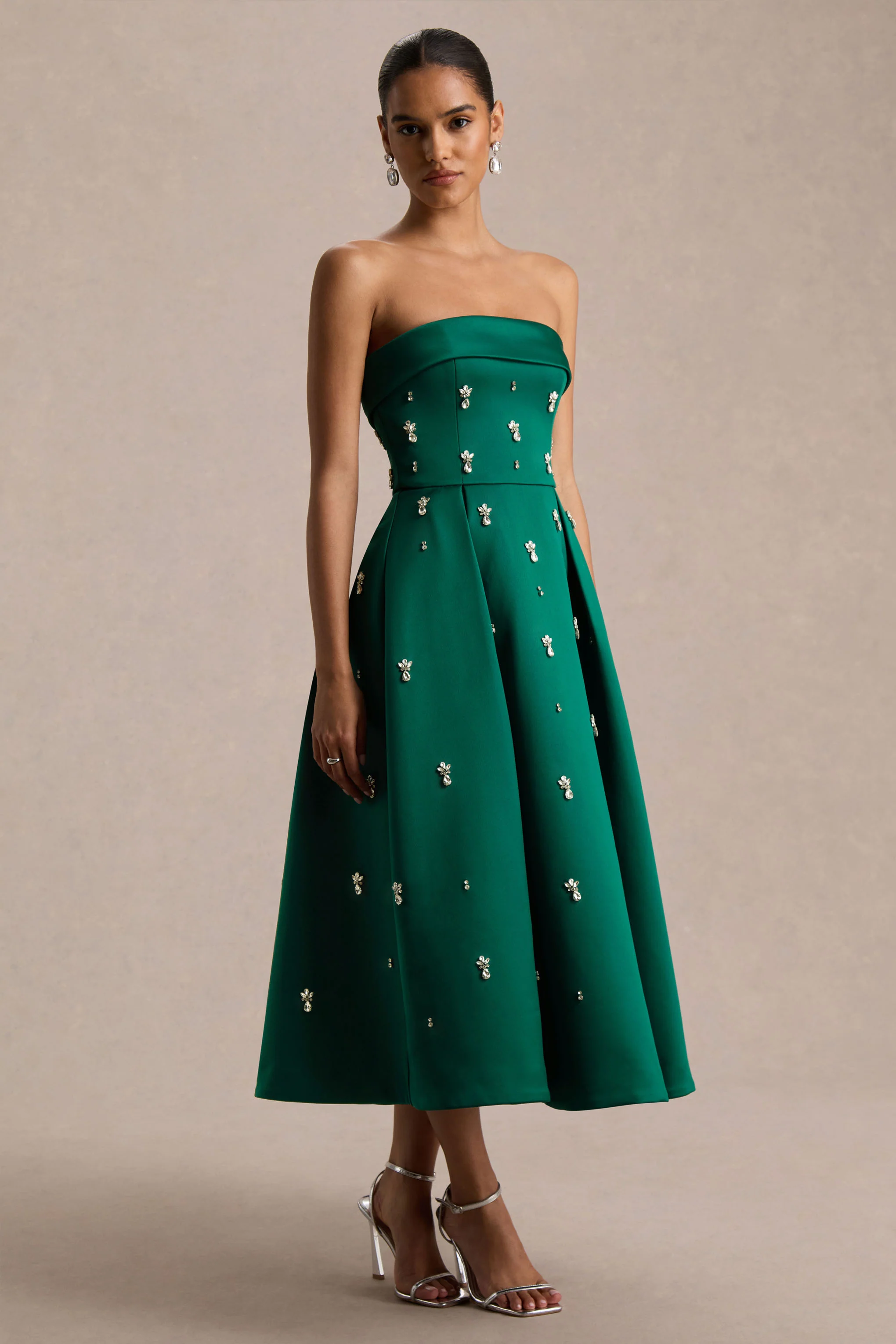Sylvette | Dark Green Satin Bandeau Skater Midi Dress - Image 5