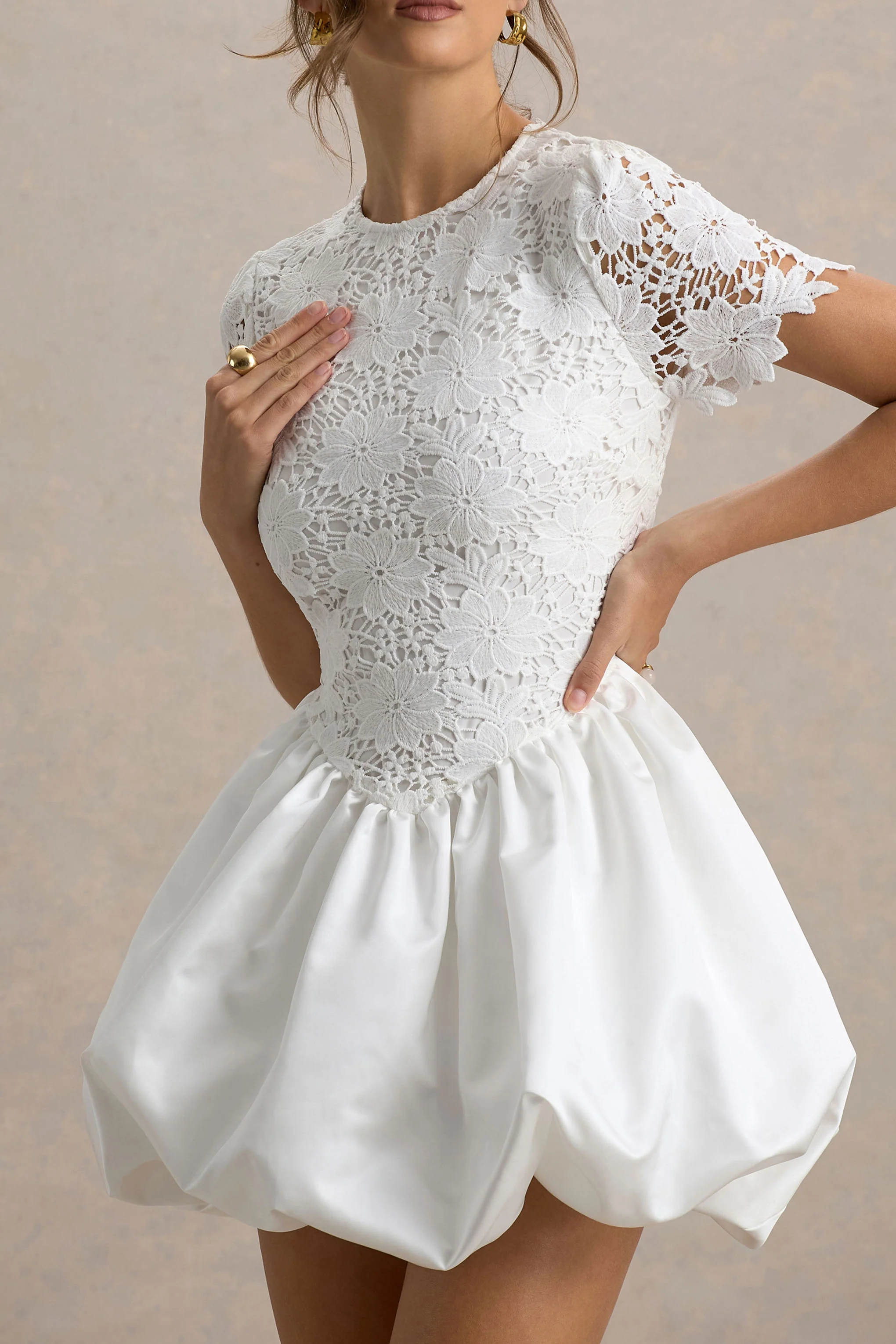 Taffy | White Lace Mini Dress With Satin Puffball Skirt - Image 3