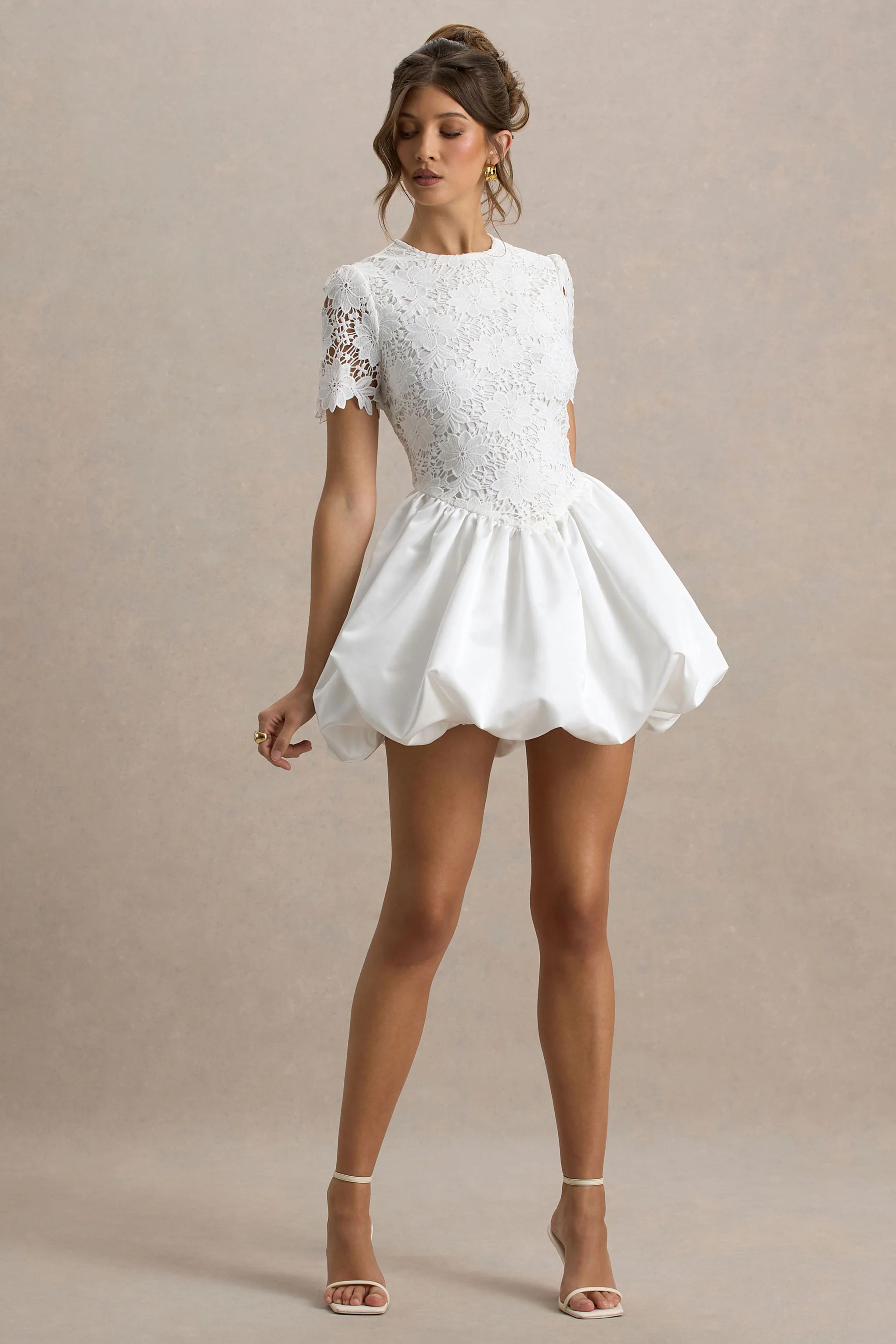 Taffy | White Lace Mini Dress With Satin Puffball Skirt - Image 5