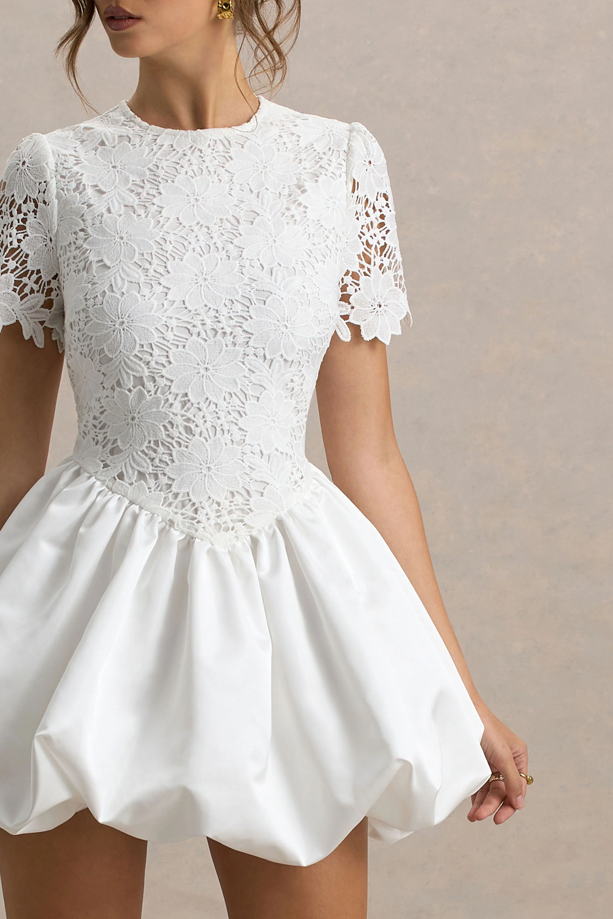Taffy | White Lace Mini Dress With Satin Puffball Skirt - Image 6