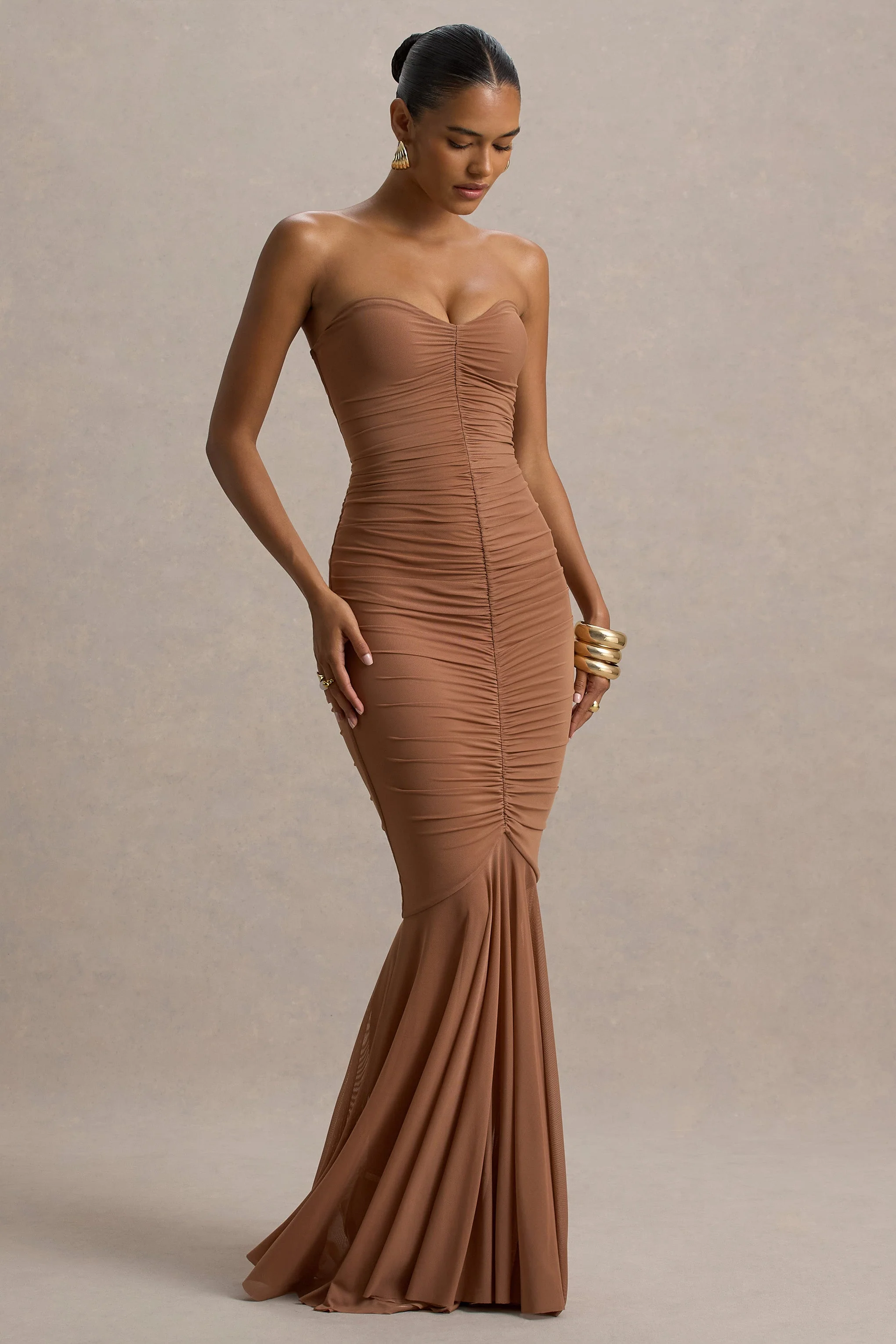 Talisa | Mocha Bandeau Ruched Maxi Dress With Mesh Fishtail - Image 4