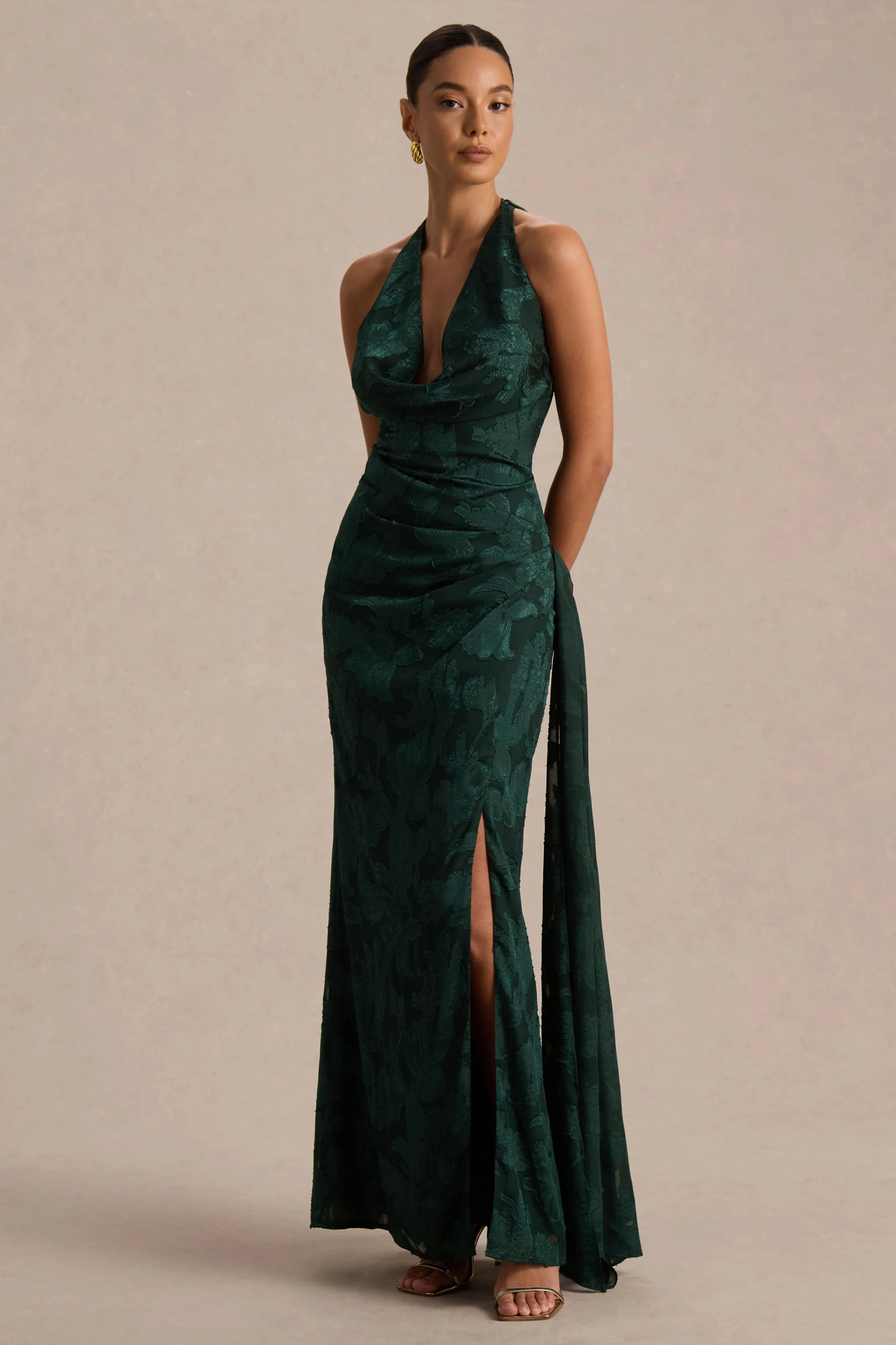 Talula | Dark Green Extreme Cowl-Neck Maxi Dress With Sash And Front-High Split - Image 4