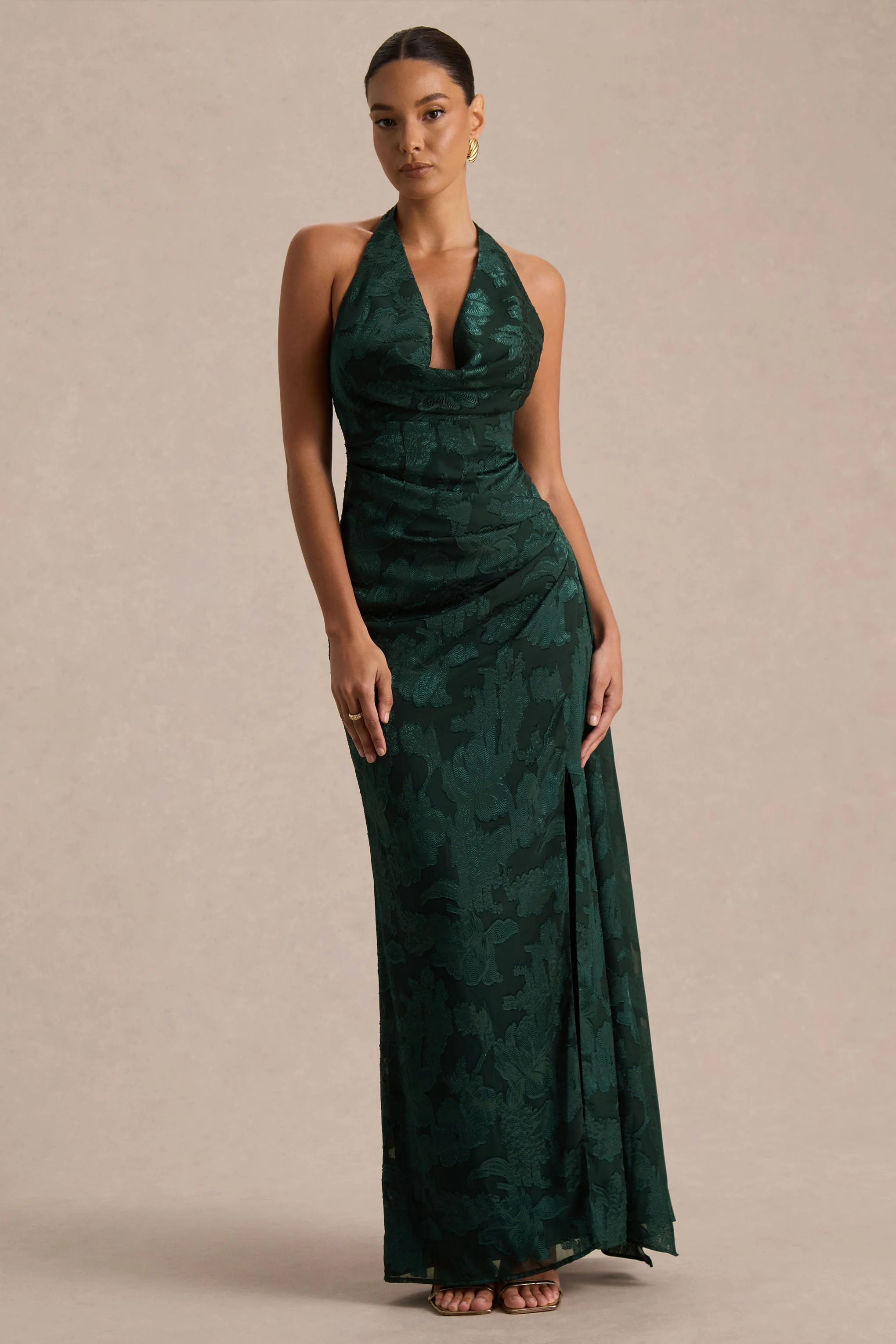 Talula | Dark Green Extreme Cowl-Neck Maxi Dress With Sash And Front-High Split - Image 5