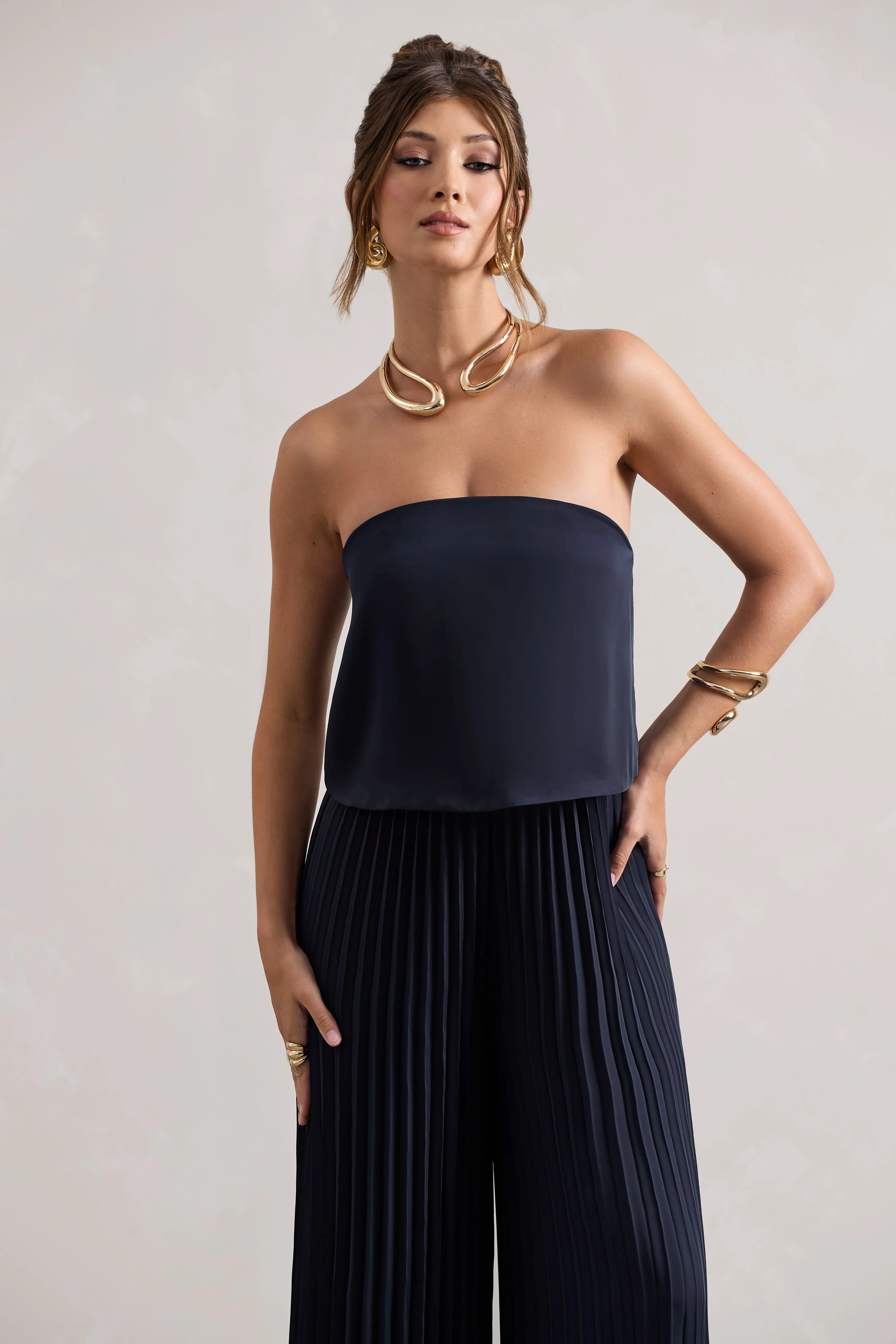 Tammi | Navy Satin Strapless Plisse Wide-Leg Jumpsuit - Image 3