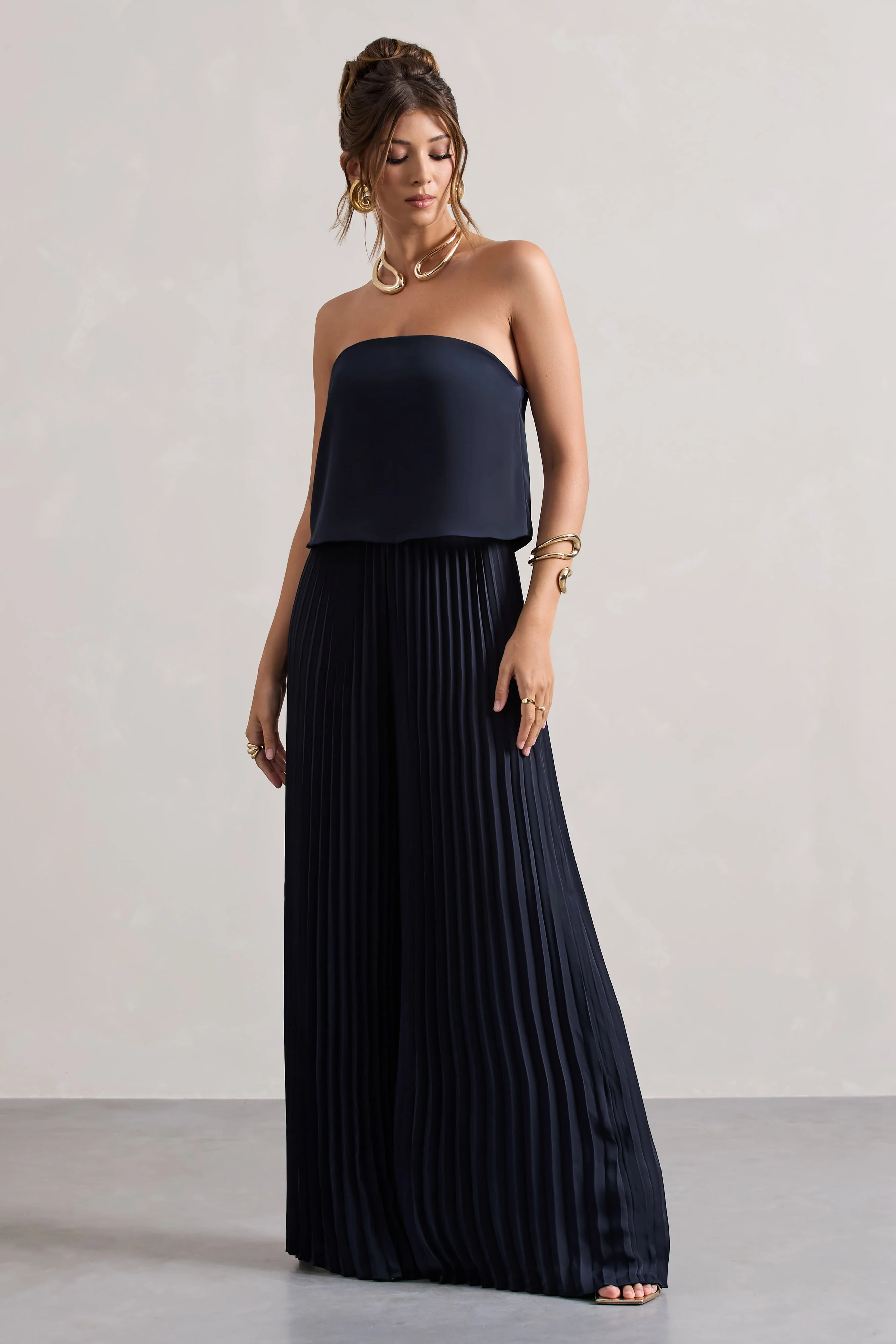 Tammi | Navy Satin Strapless Plisse Wide-Leg Jumpsuit - Image 4