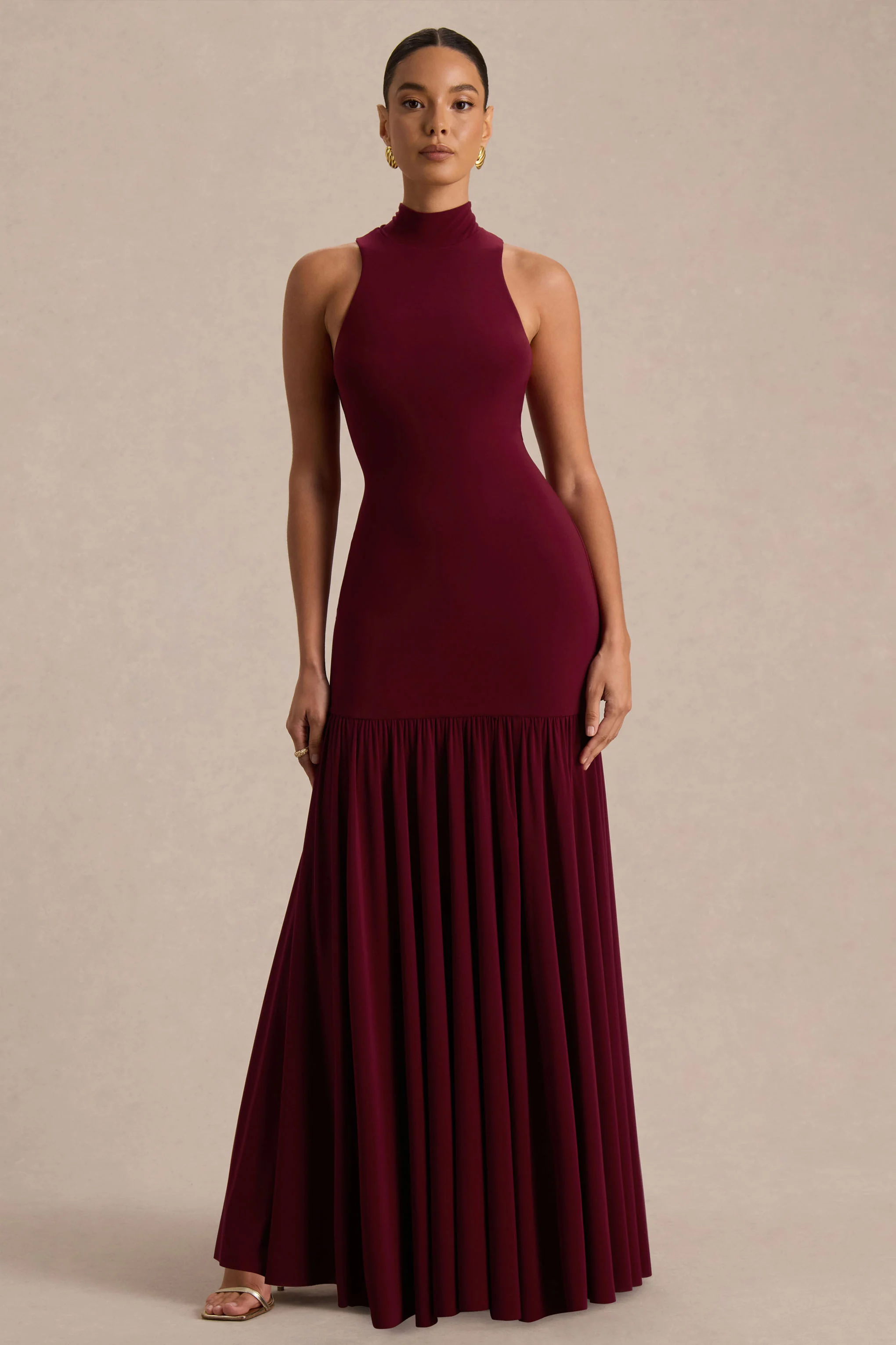 Tasmin | Burgundy High-Neck Maxi Dress With Drop-Waist - Image 4