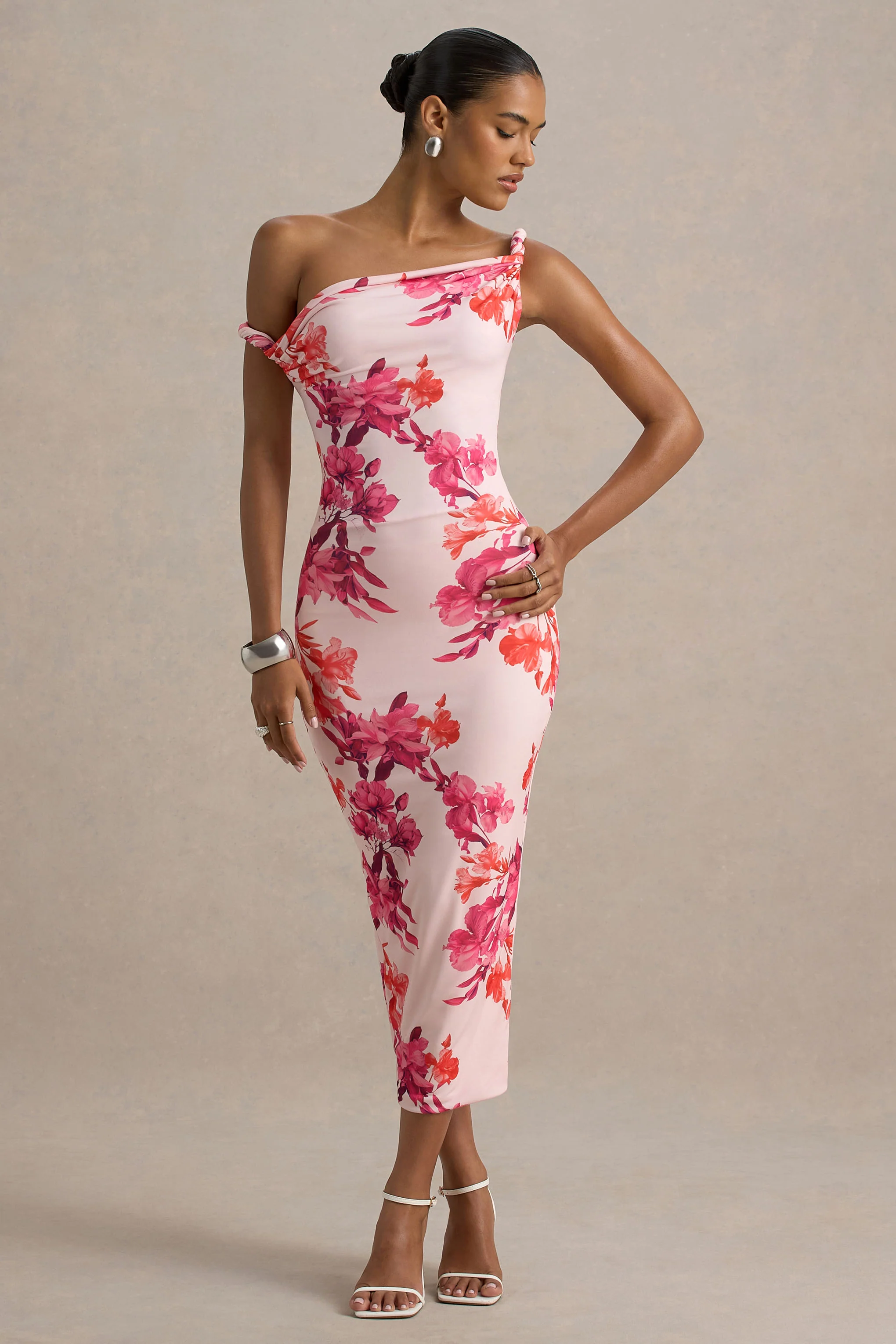 Tatian | Pink and Orange Floral Print Twisted Asymmetric Midi Dress - Image 4