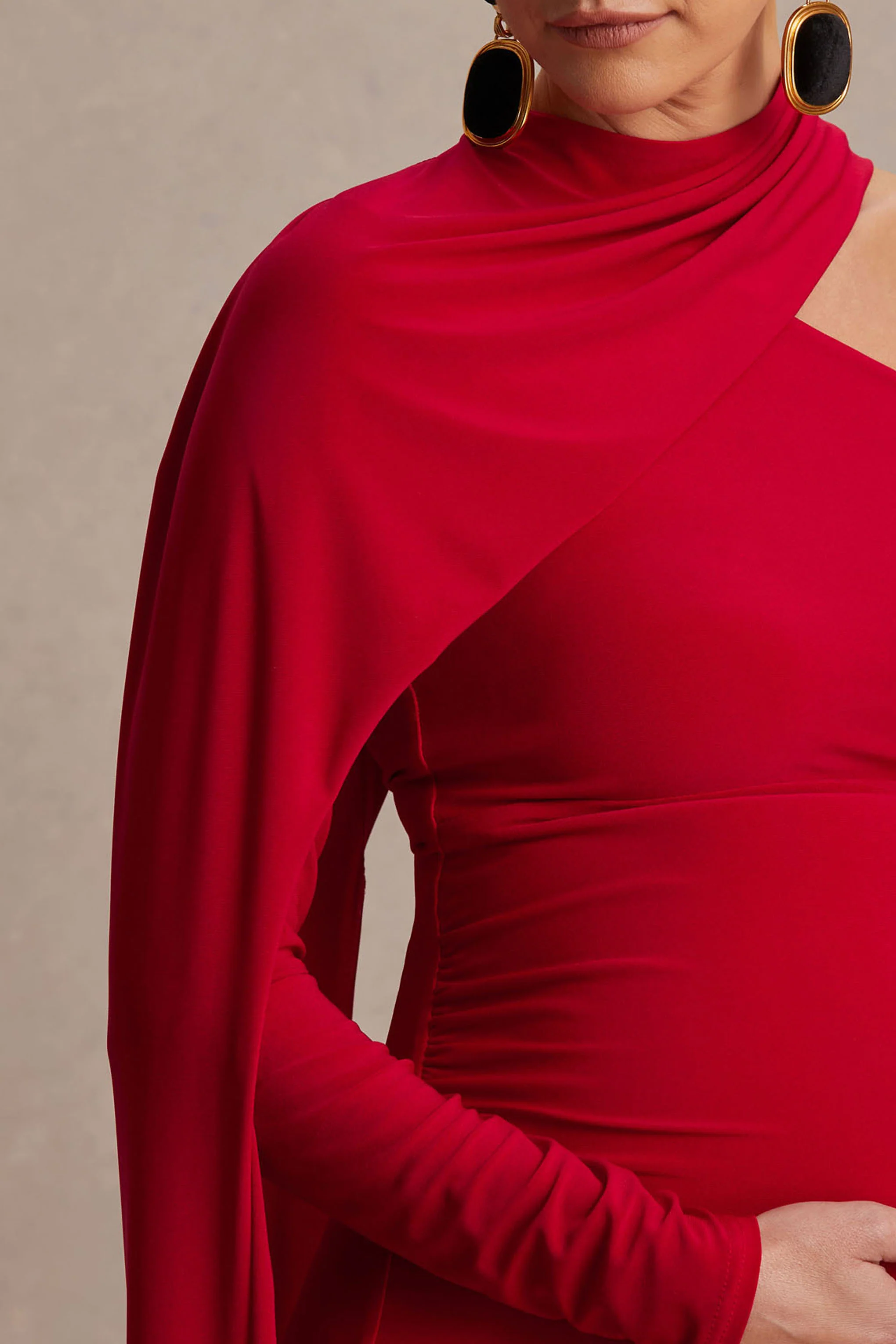Tessy | Red Asymmetric-Neck Maternity Maxi Dress With Cape-Sleeve - Image 3