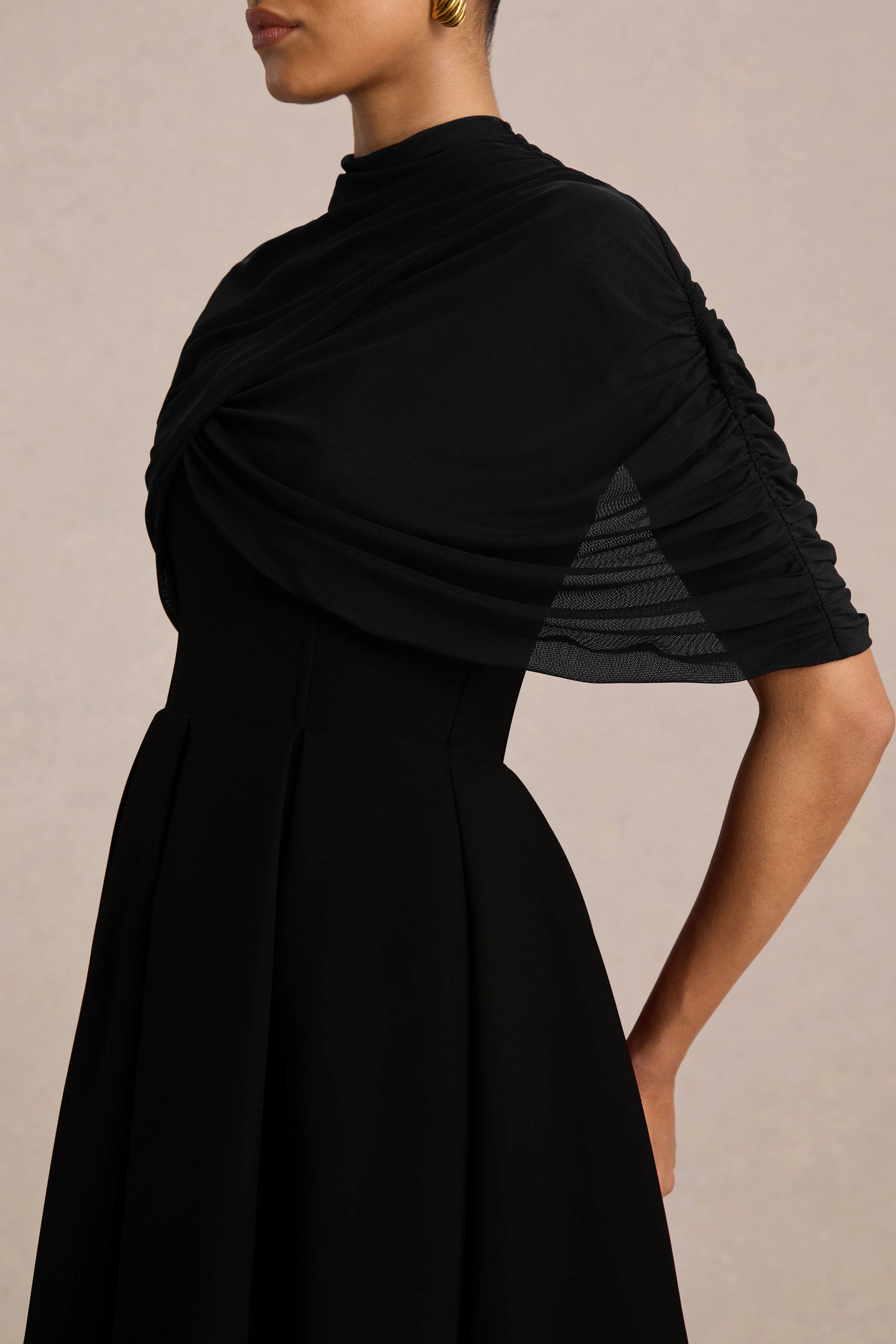 Thalia | Black High-Neck Midi Dress With Sheer Mesh Cape - Image 3