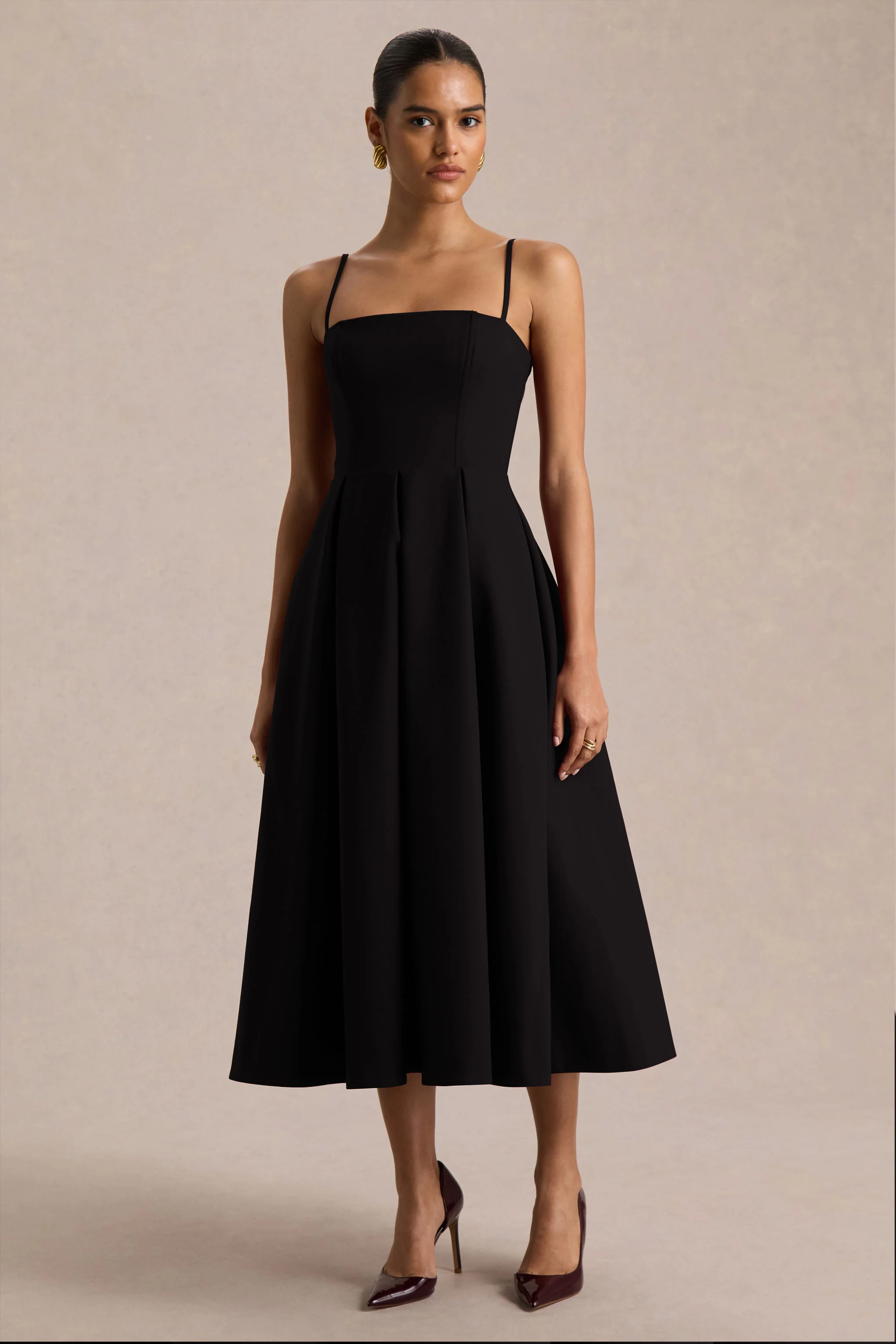 Thalia | Black High-Neck Midi Dress With Sheer Mesh Cape - Image 4