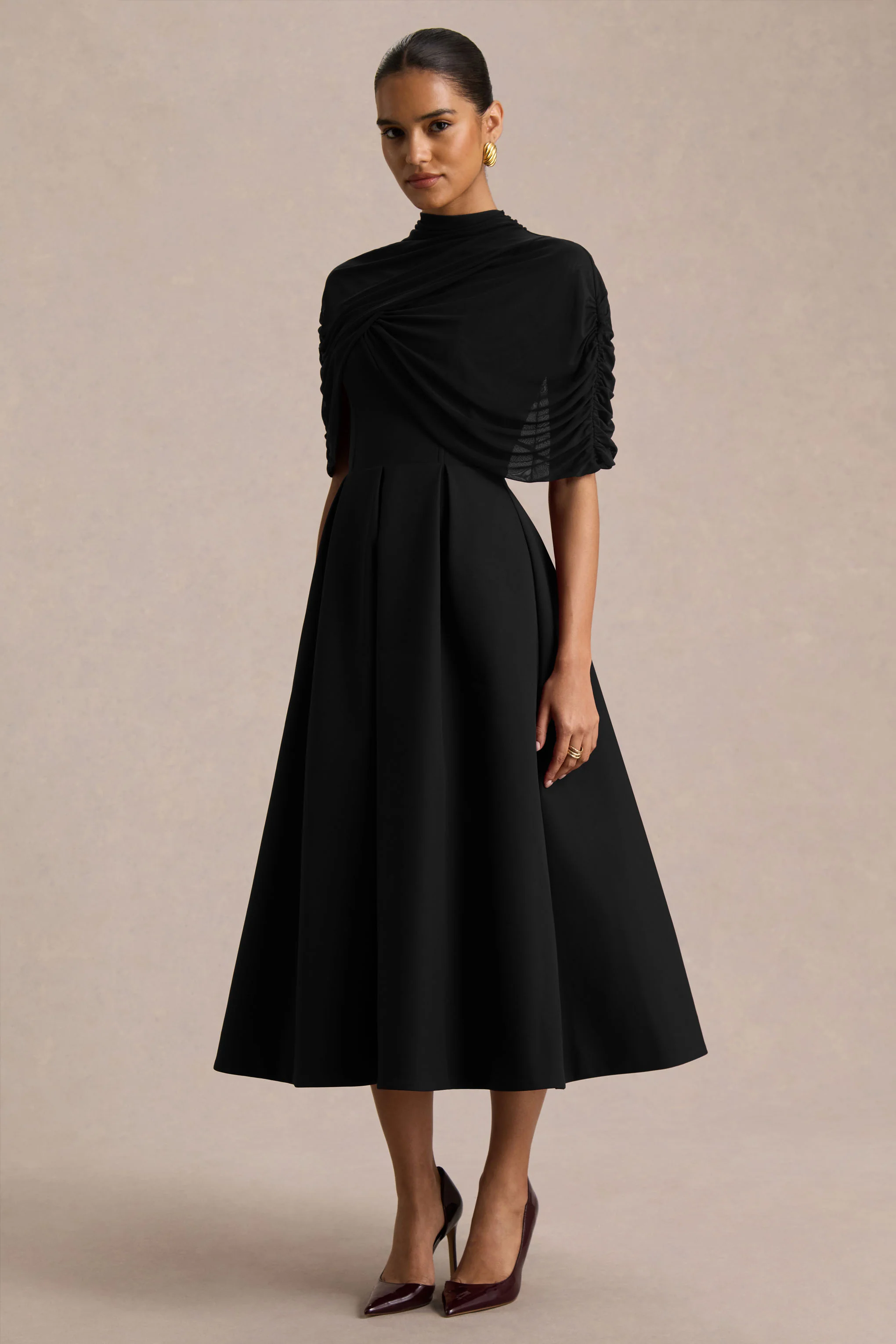 Thalia | Black High-Neck Midi Dress With Sheer Mesh Cape - Image 5