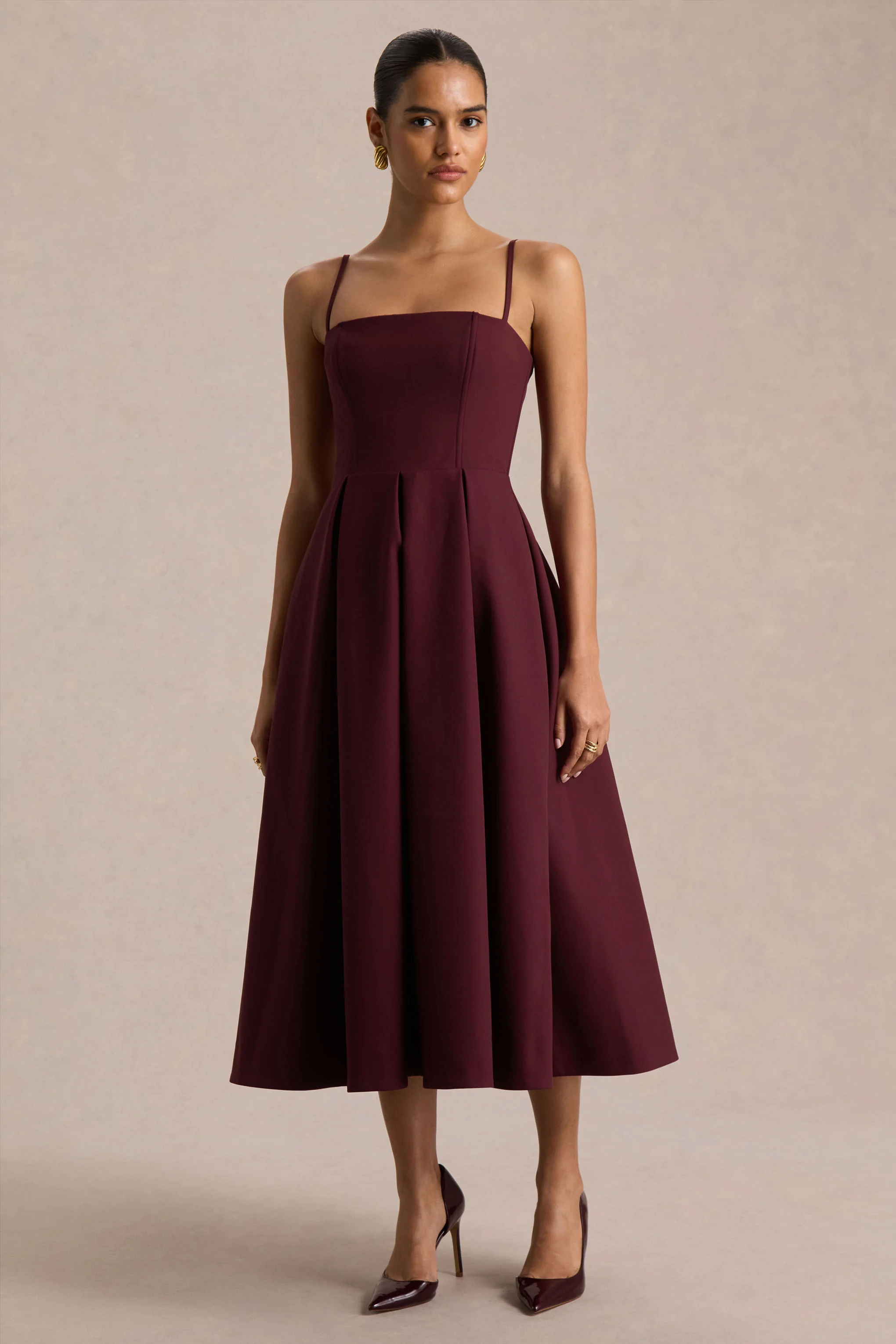 Thalia | Burgundy High-Neck Midi Dress With Sheer Mesh Cape - Image 4
